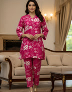 Pink Printed Cotton Kurta Pant Set for Women