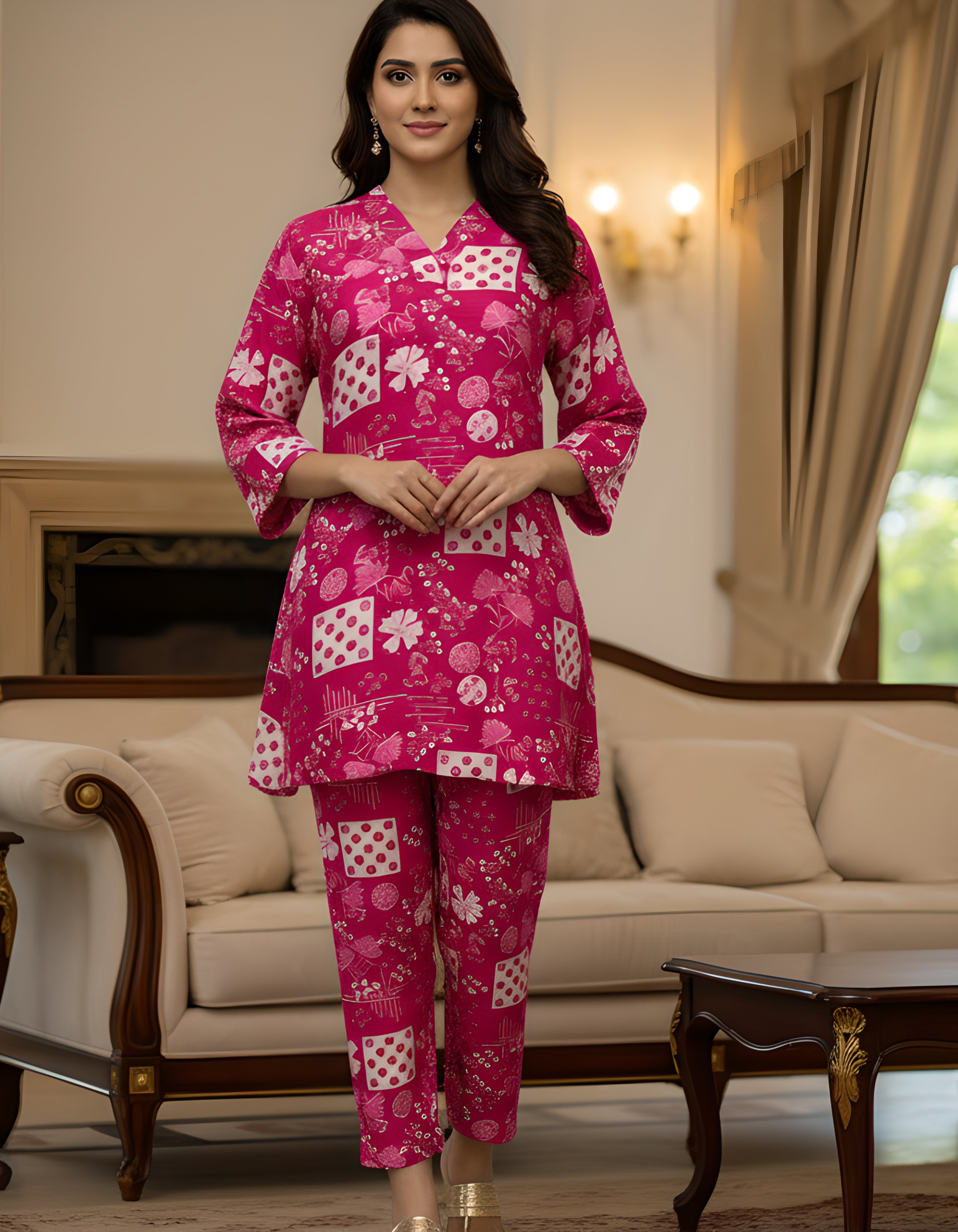 Pink Printed Cotton Kurta Pant Set for Women