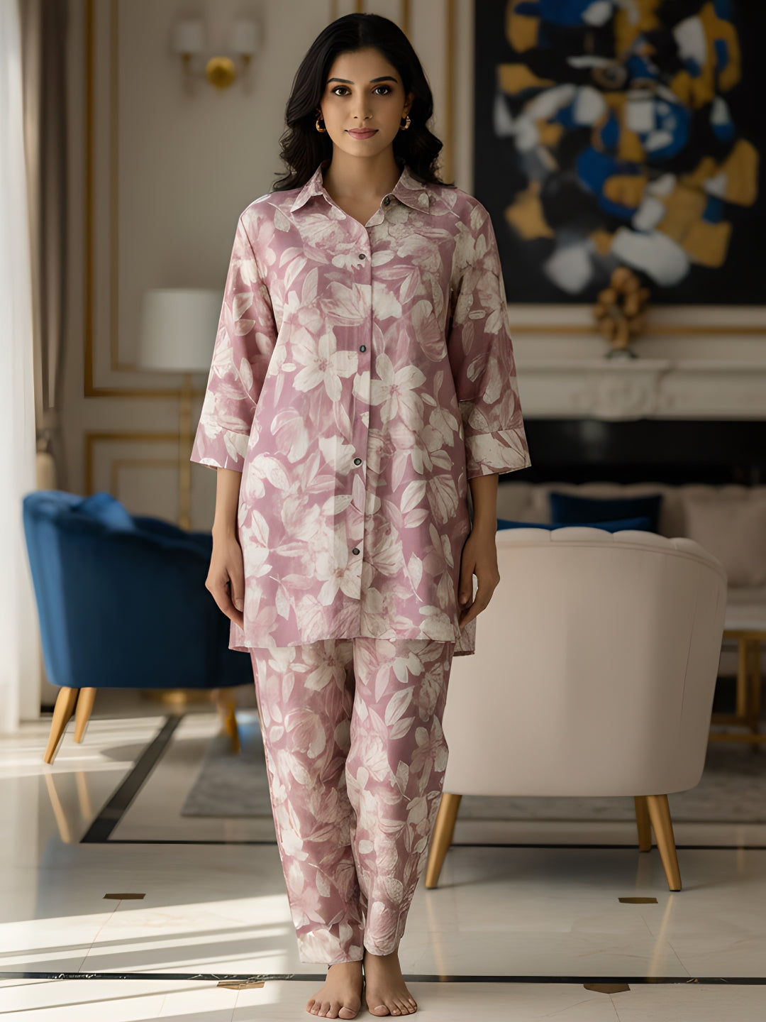 Pink Floral Printed Long Shirt Co-ord Set for Women