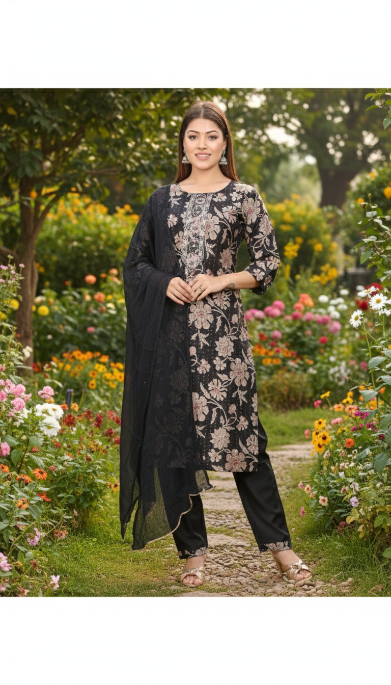 ViigoBella Vertigan Fabric Floral Embroidered Straight Suit with Dupatta – Plus Size 46–52
