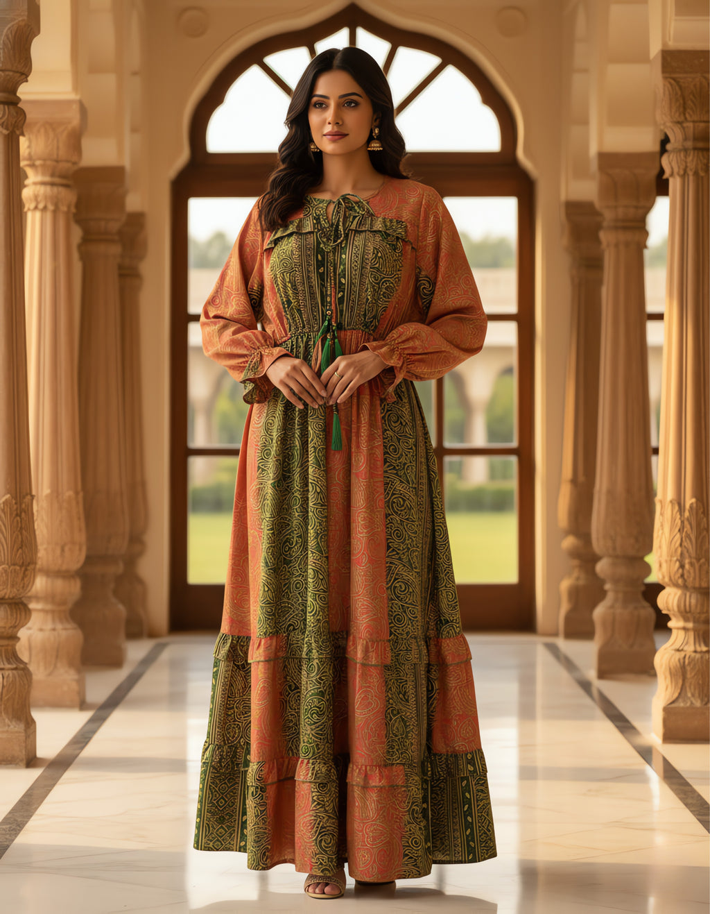 Viigobella Printed Boho Tiered Maxi Dress in Kasturi Silk