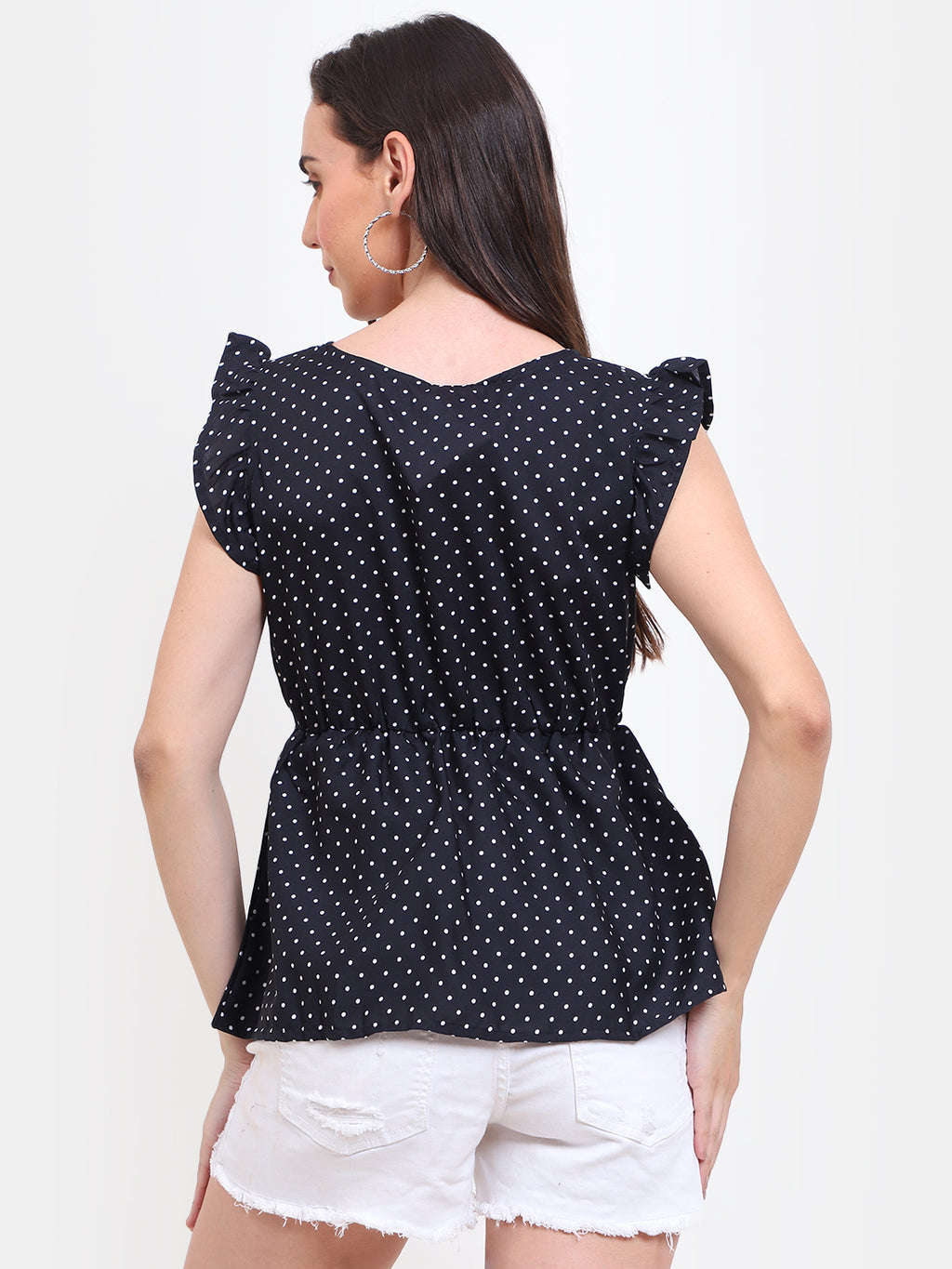 Viigobella Women’s Polka Dot Peplum Top in Black Crepe Fabric