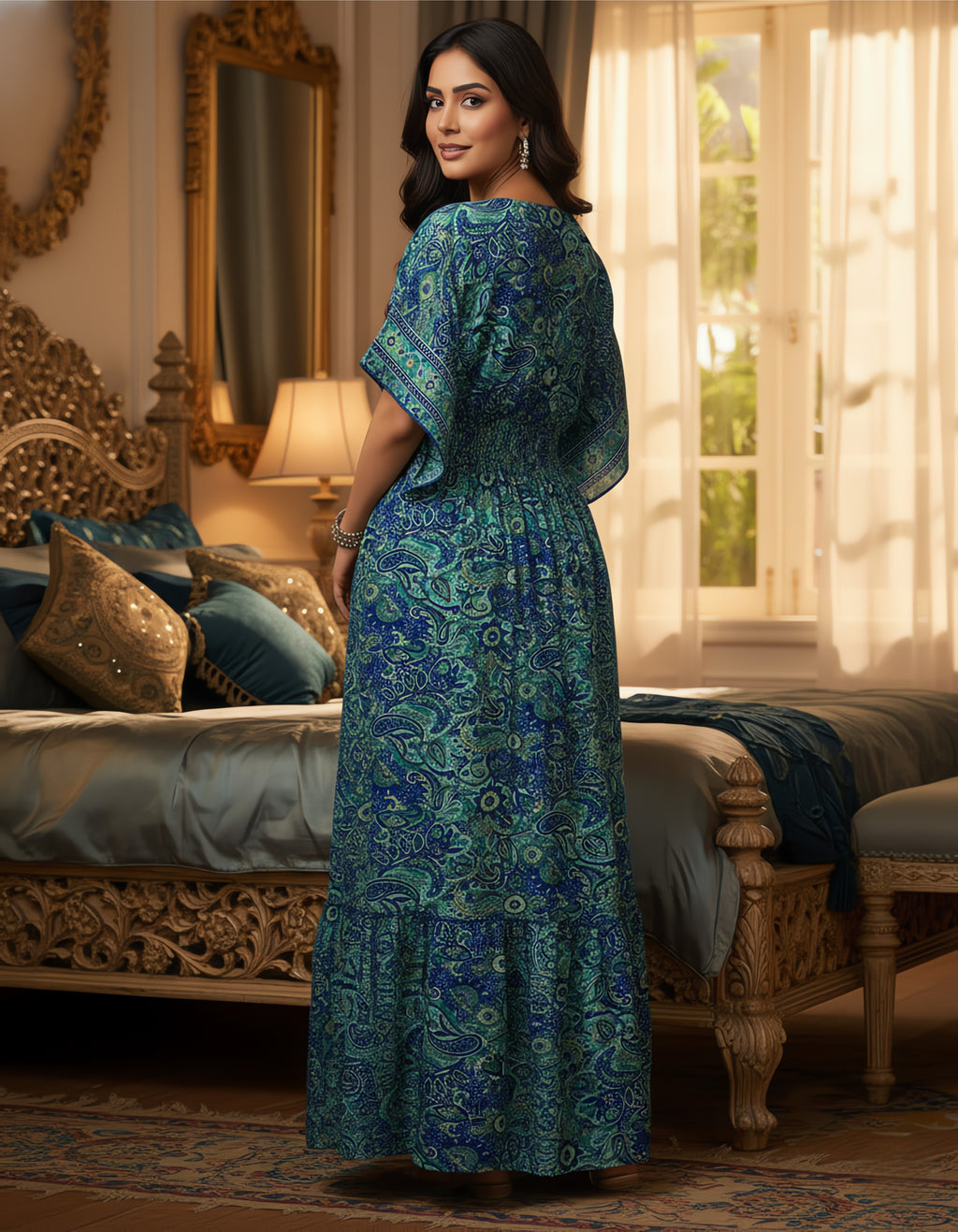 Viigobella Premium Kasturi Silk Blue Paisley Maxi Dress with Smocked Waist