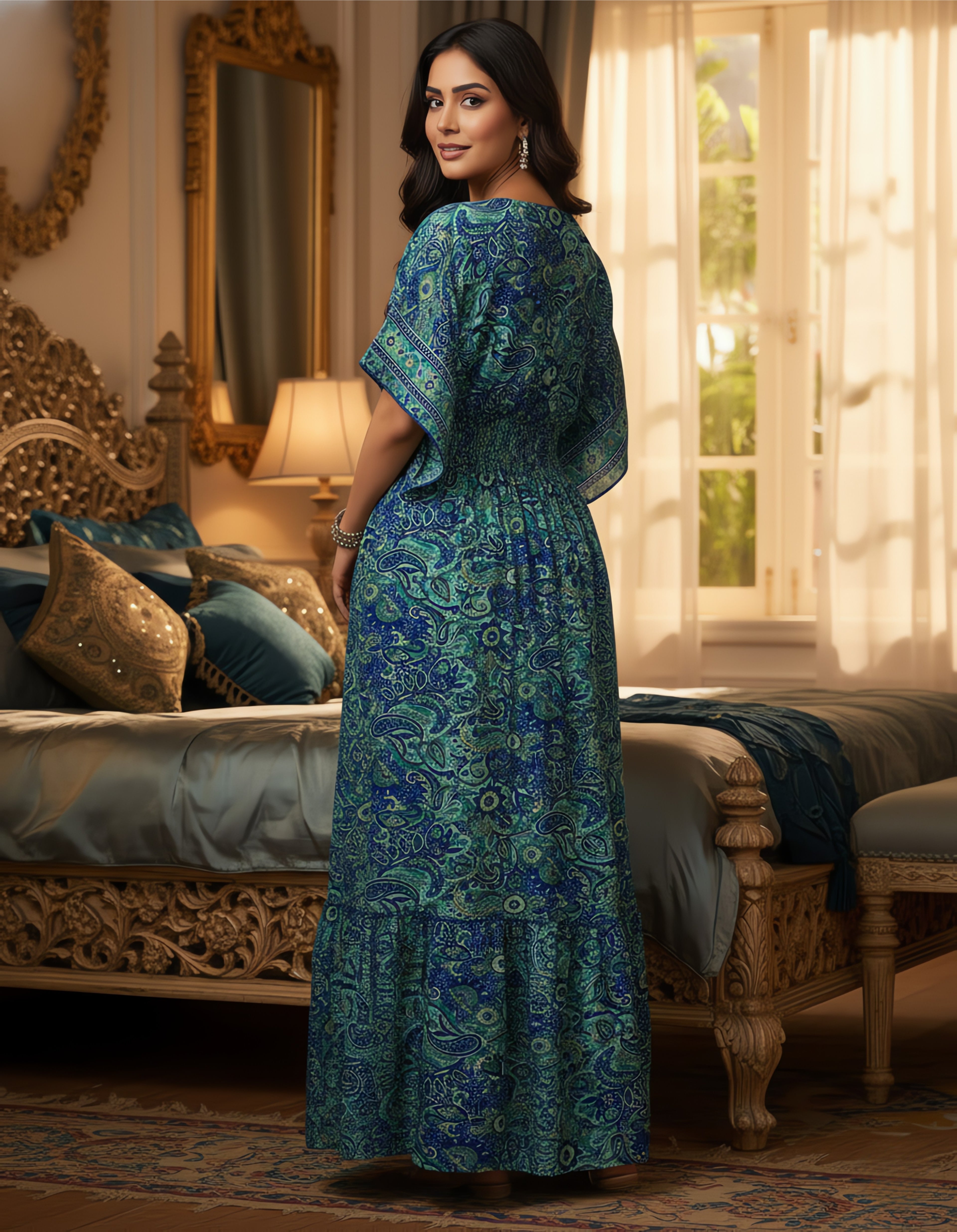 Viigobella Premium Kasturi Silk Blue Paisley Maxi Dress with Smocked Waist