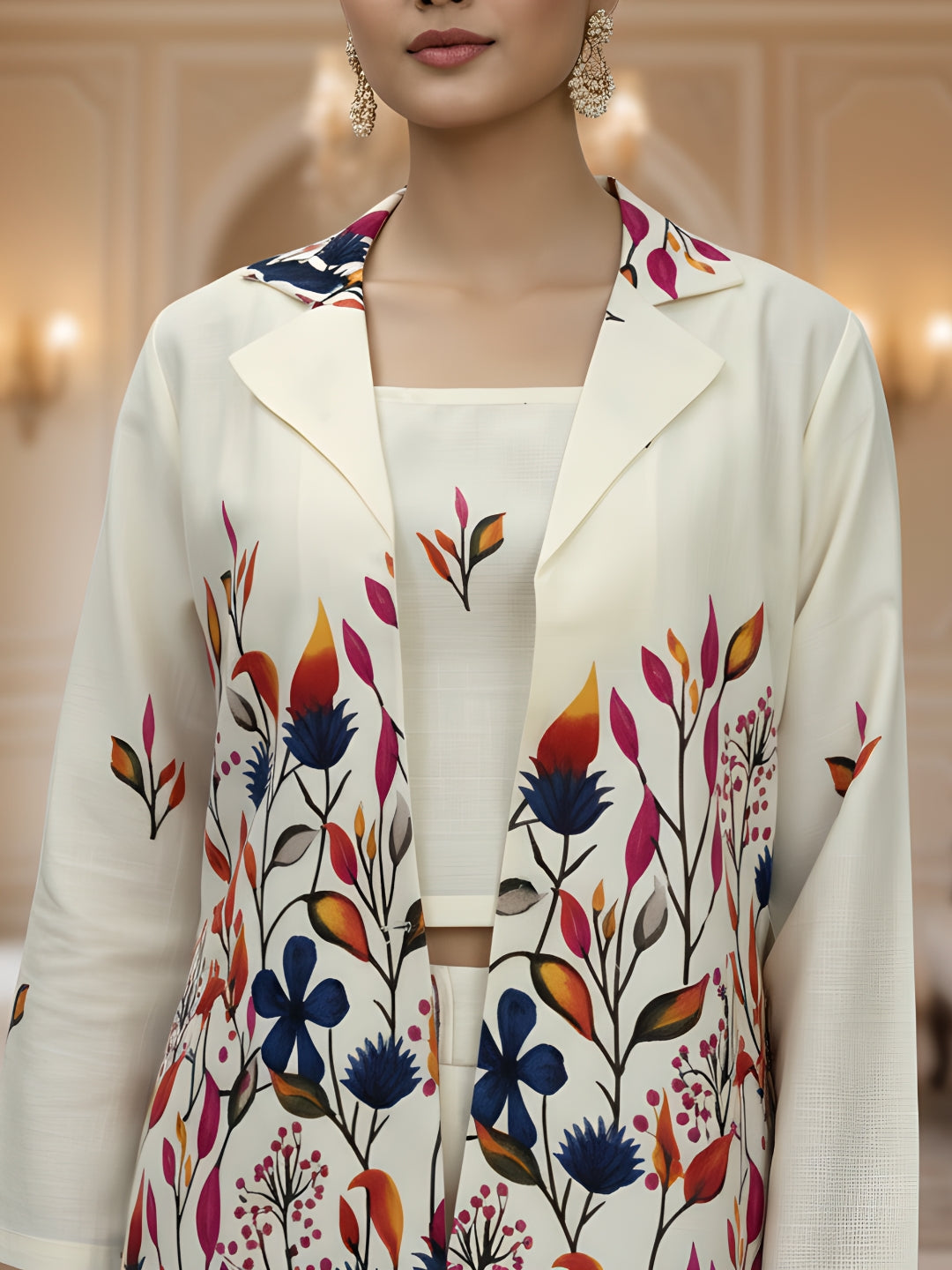 Premium Multicolor Floral Cotton Blazer Co-ord Set for Women (3-Piece)