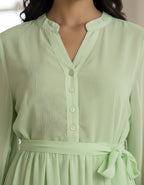 Elegant Solid Georgette Midi Dress with Belt & Full Sleeves