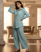 Women’s Aqua Blue Textured Button-Down Co-ord Set