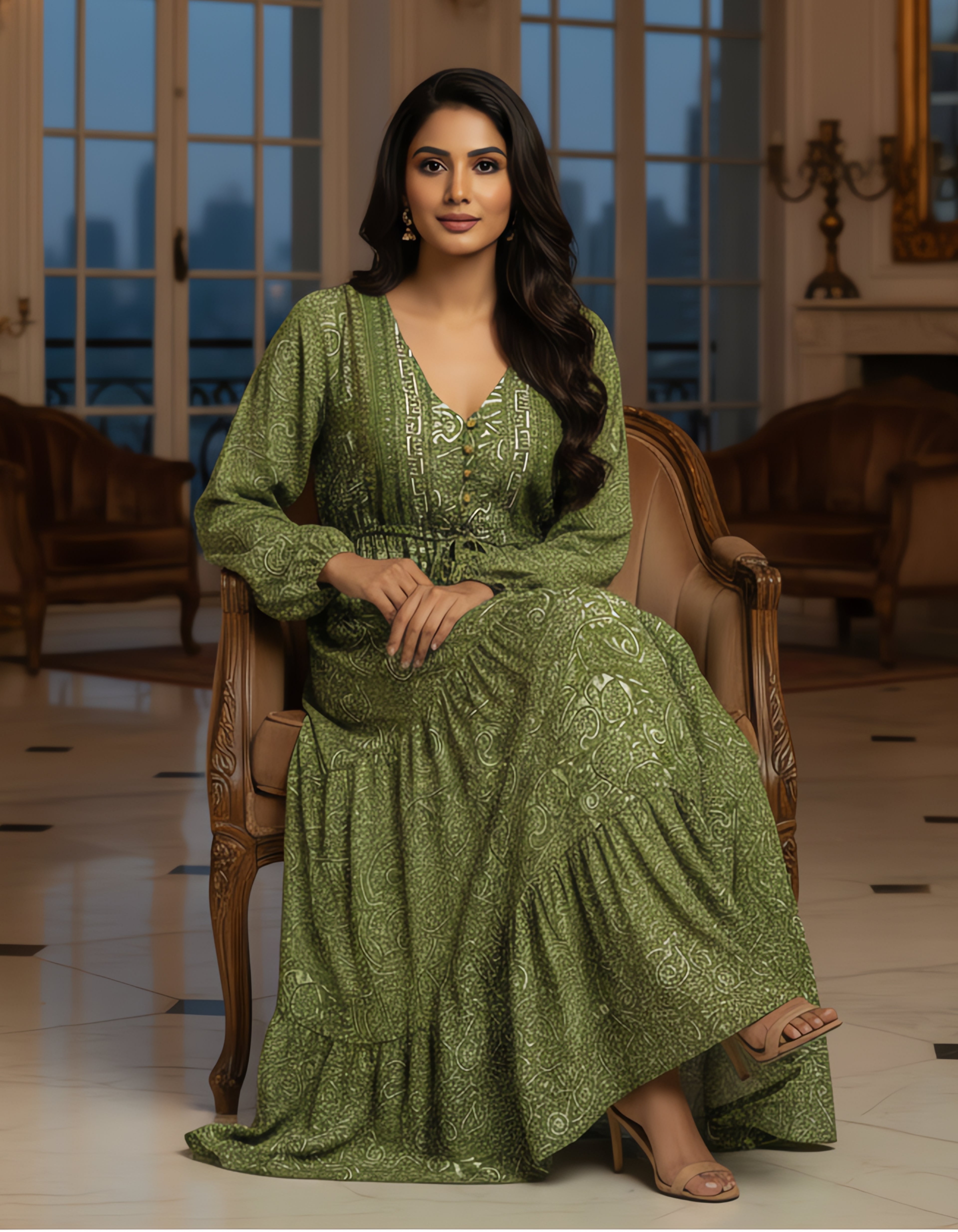 Kasturi Silk Printed Boho Maxi Dress with Drawstring Waist