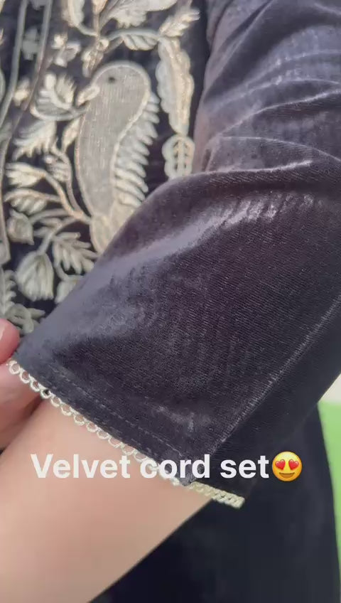 Shop Viigobella embroidered velvet cord set featuring a kurti-style top and matching pants