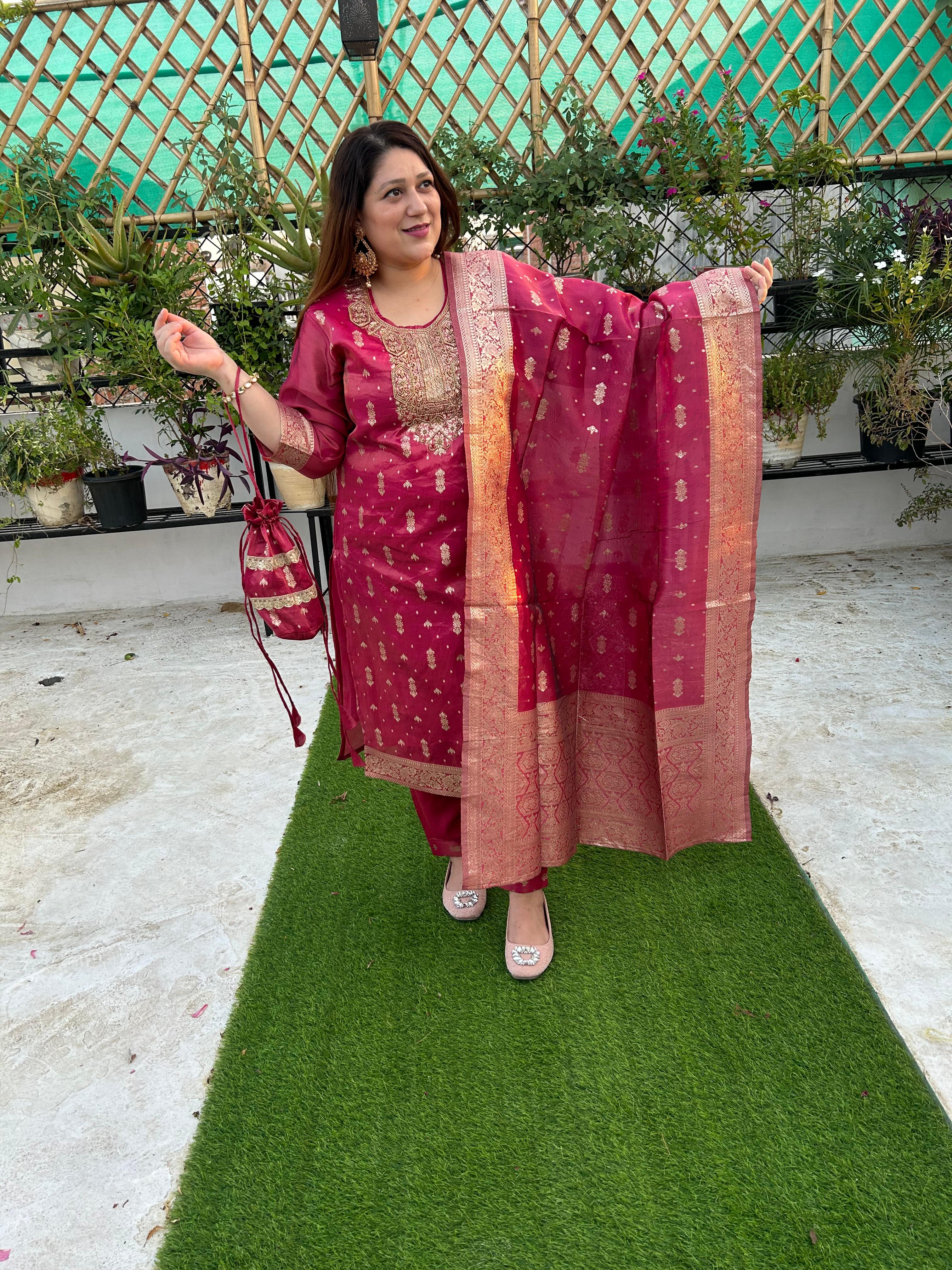 Premium Tissue Kurti Pant Set with Dupatta & Potli Bag