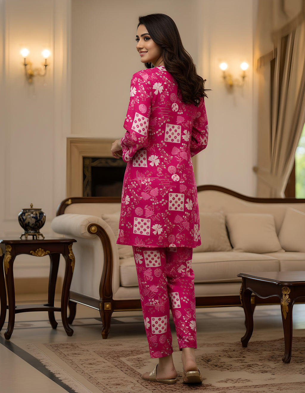 Pink Printed Cotton Kurta Pant Set for Women