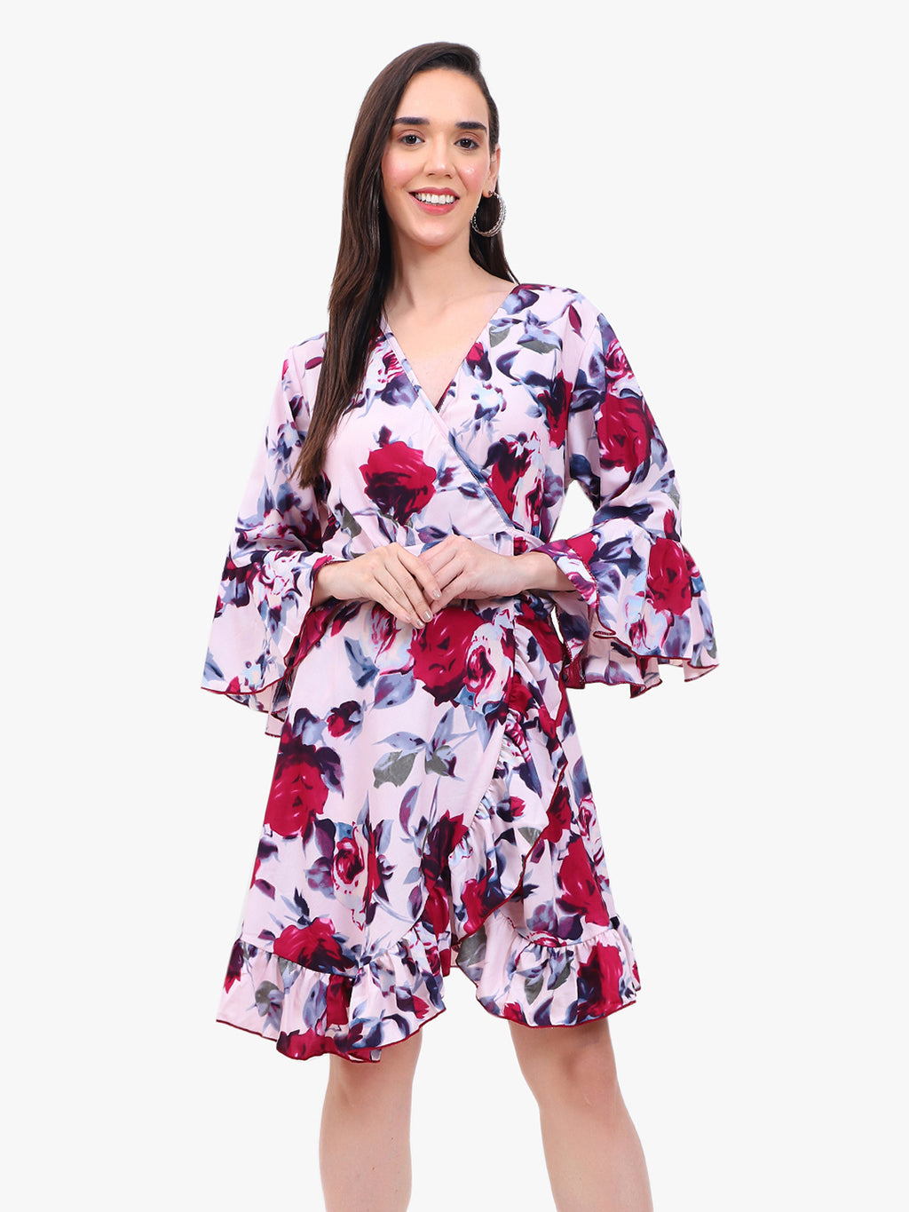 Women’s Printed Crepe Wrap Dress with Ruffle Hem – Export Quality
