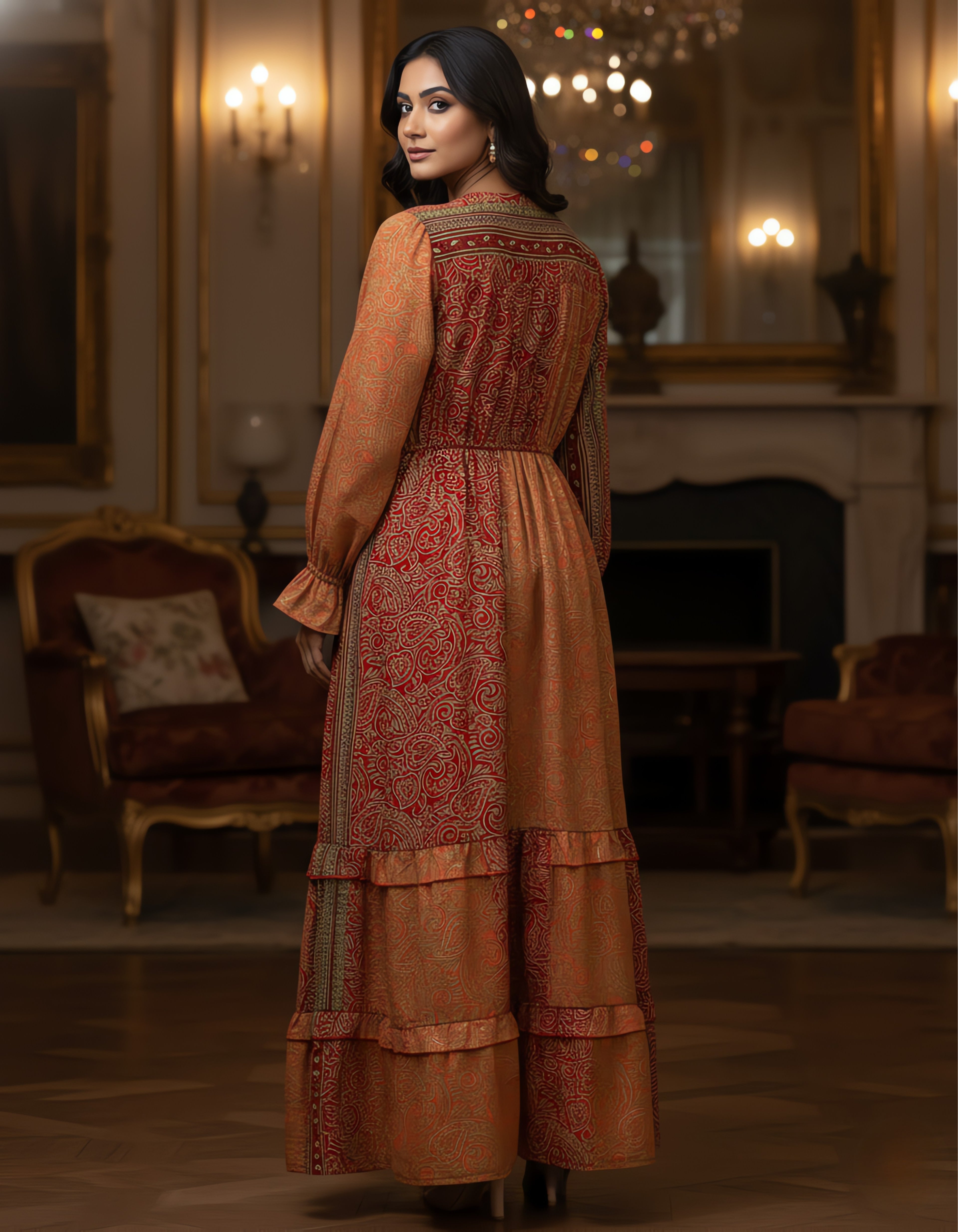 Viigobella Premium Kasturi Silk Printed Tiered Maxi Dress with Tassel Detail