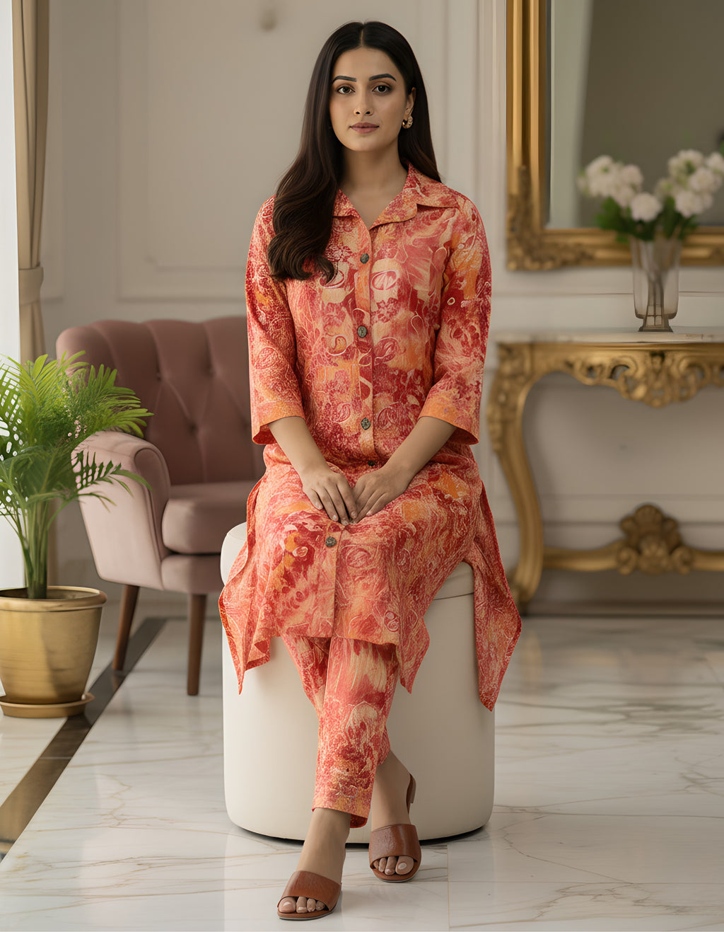 Peach Red Abstract Long Shirt Co-ord Set in Kasturi Silk – Viigobella
