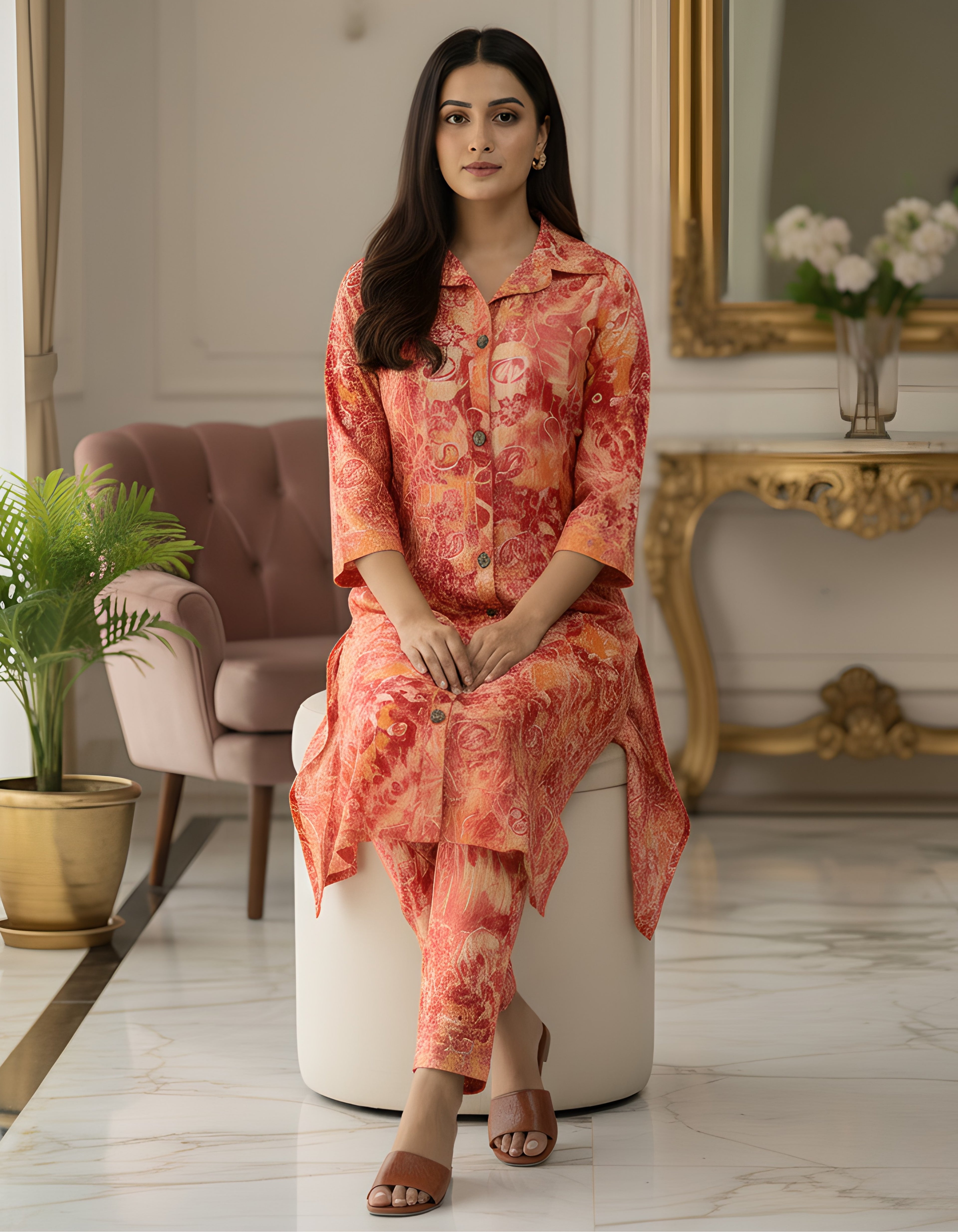Peach Red Abstract Long Shirt Co-ord Set in Kasturi Silk – Viigobella