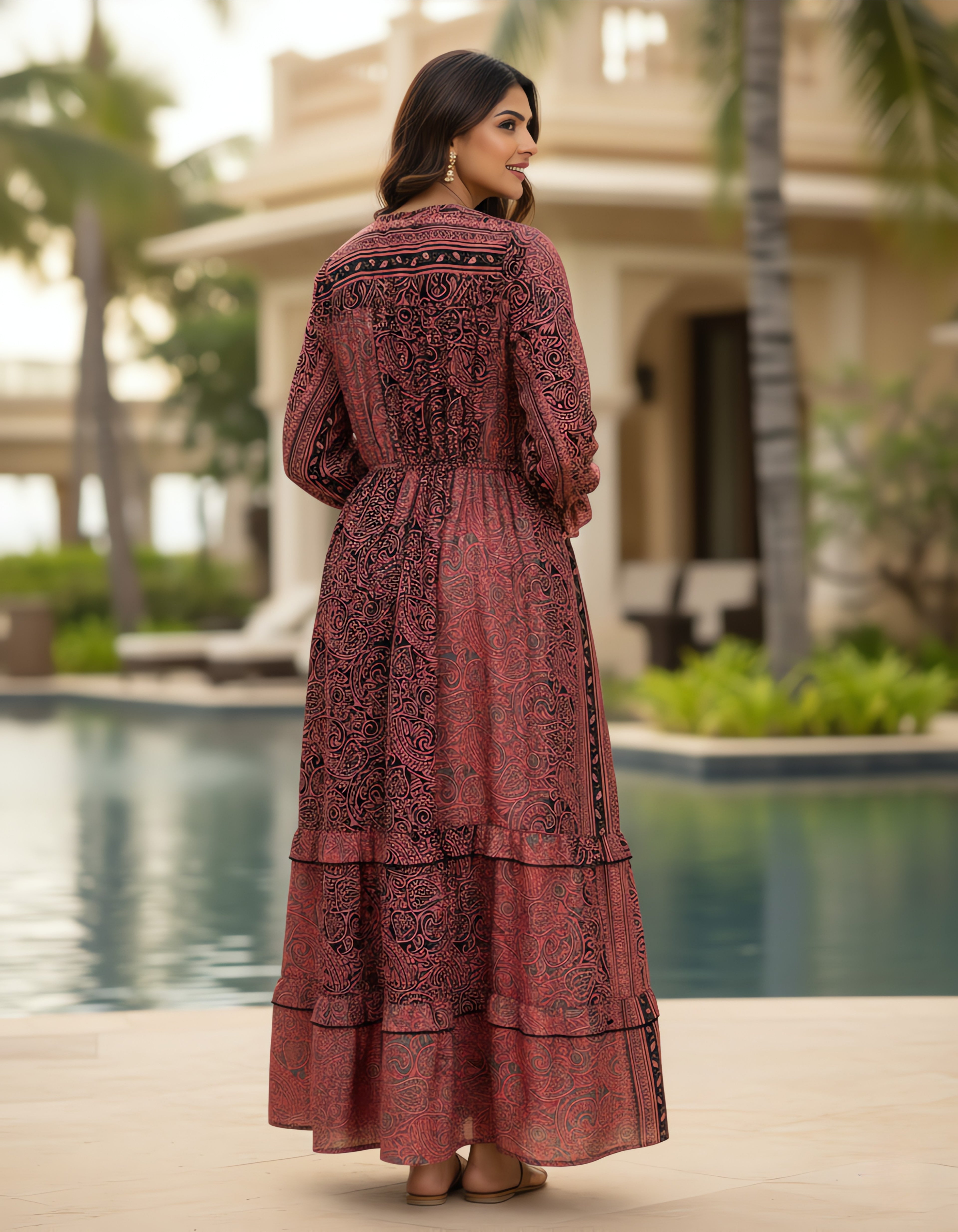 Viigobella Kasturi Silk Printed Tiered Maxi Dress with Drawstring Waist