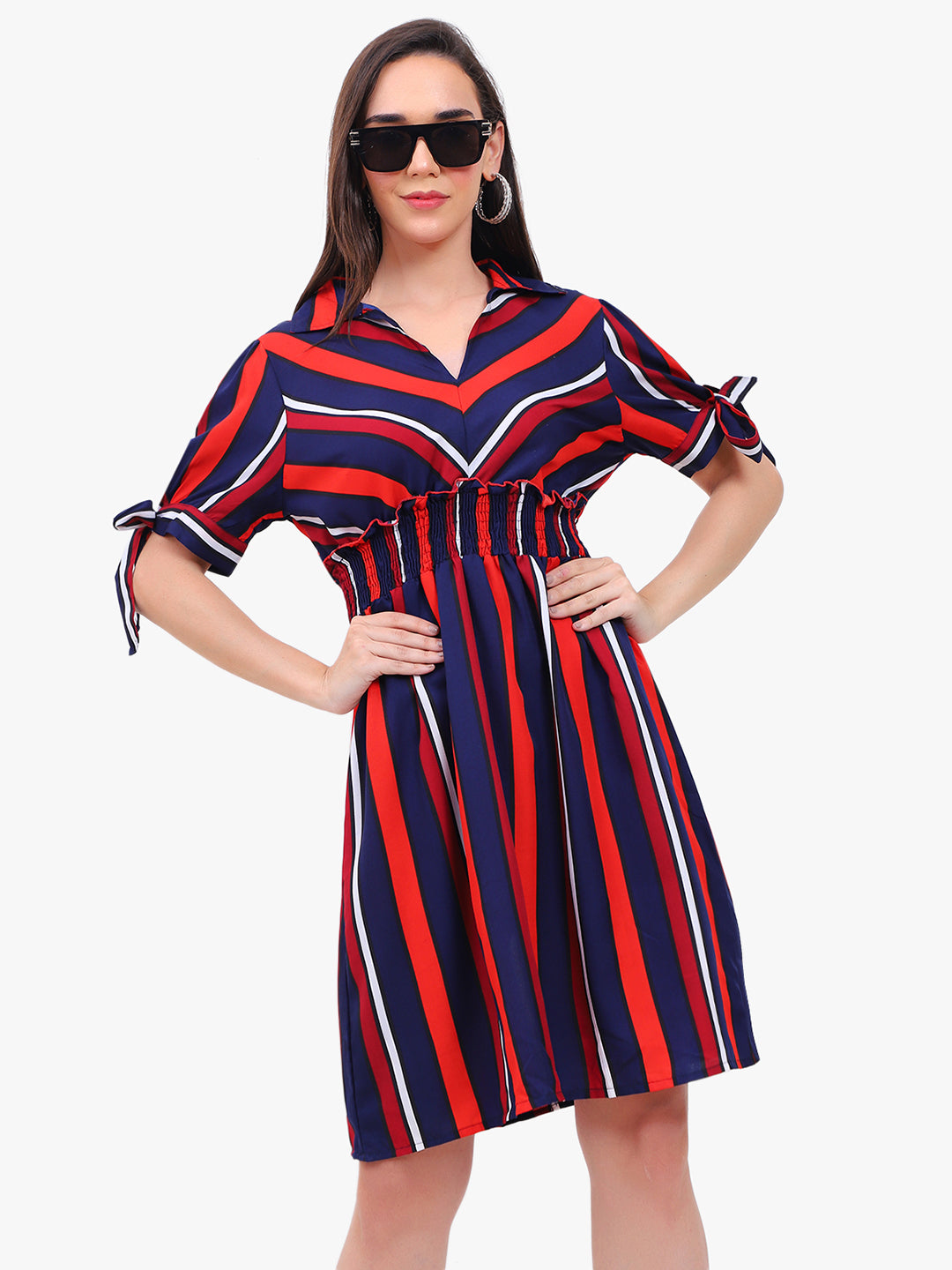 Women’s Striped Crepe Short Dress with Smocked Waist – Export Quality