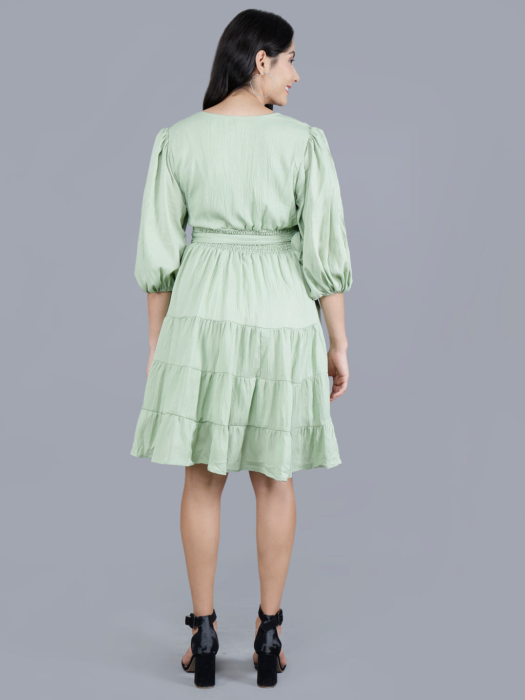 Viigobella Women’s Delta Fabric Tiered Short Dress with Smocked Waist & Puff Sleeves – Export Quality