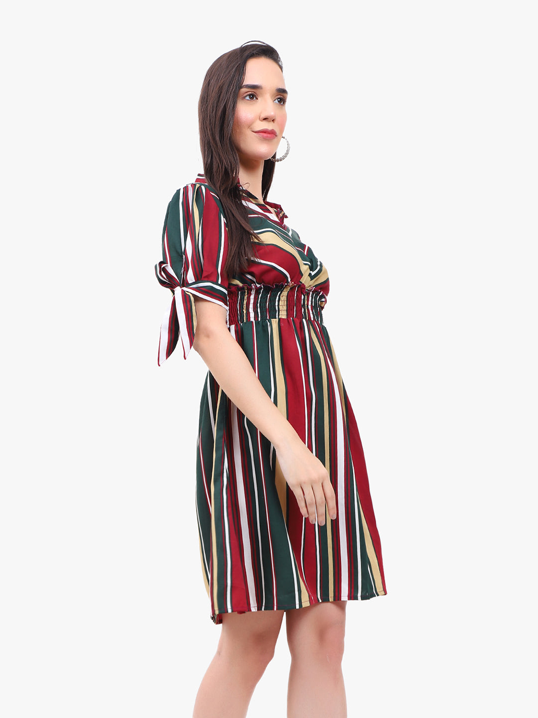 Viigobella Women’s Striped Crepe Dress with Smocked Waist – Export Quality