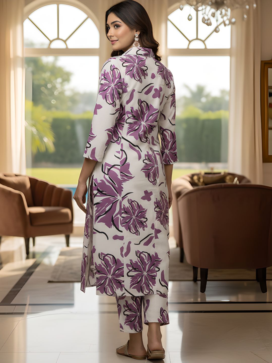 Purple Floral Long Shirt Co-ord Set for Women