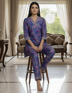 Premium Paisley Print Kasturi Silk Co-ord Set with Designer Neck & Cuff Detailing
