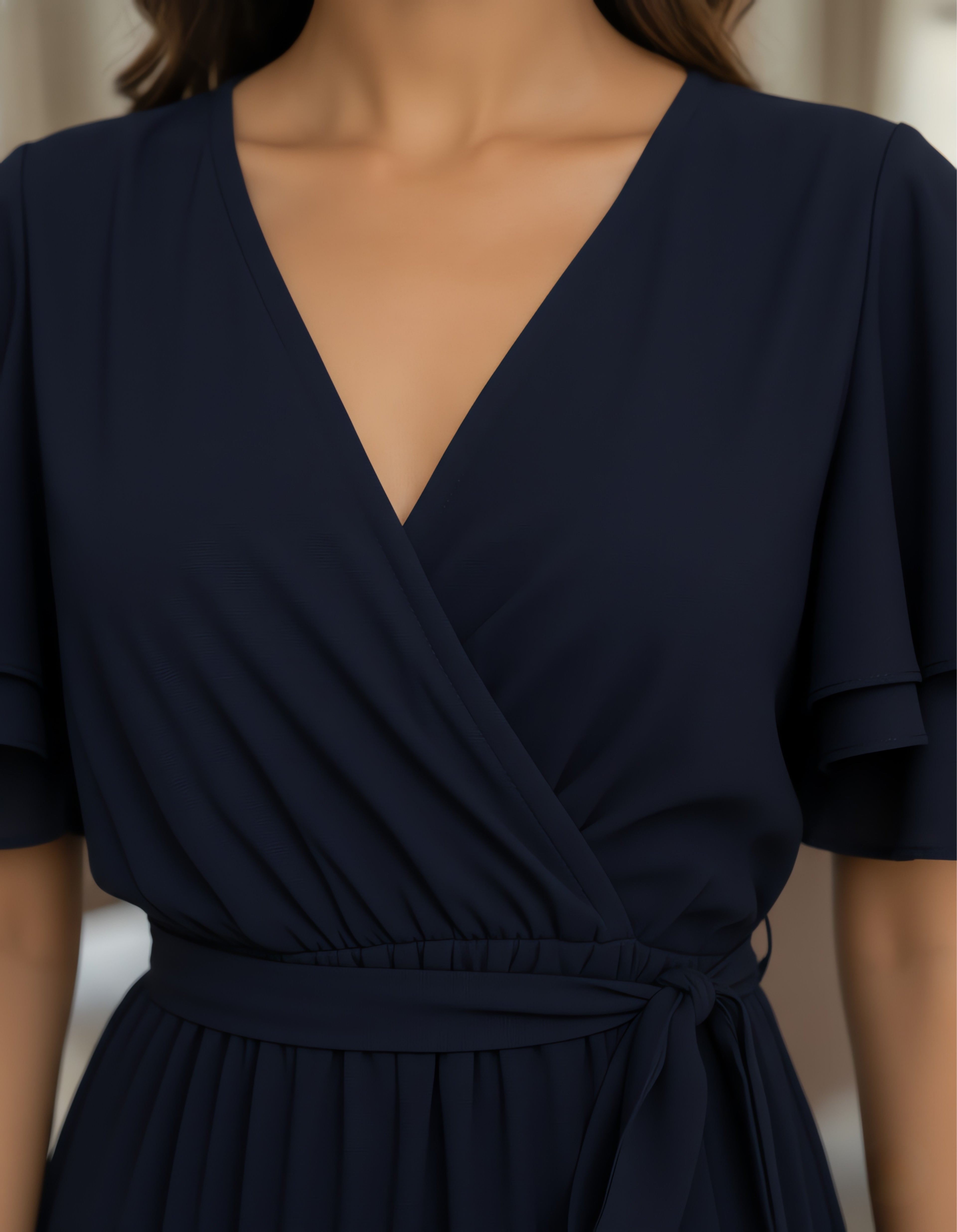 Viigobella Rayon Crepe Wrap Dress with Layered Ruffle Sleeves