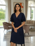 Viigobella Rayon Crepe Wrap Dress with Layered Ruffle Sleeves