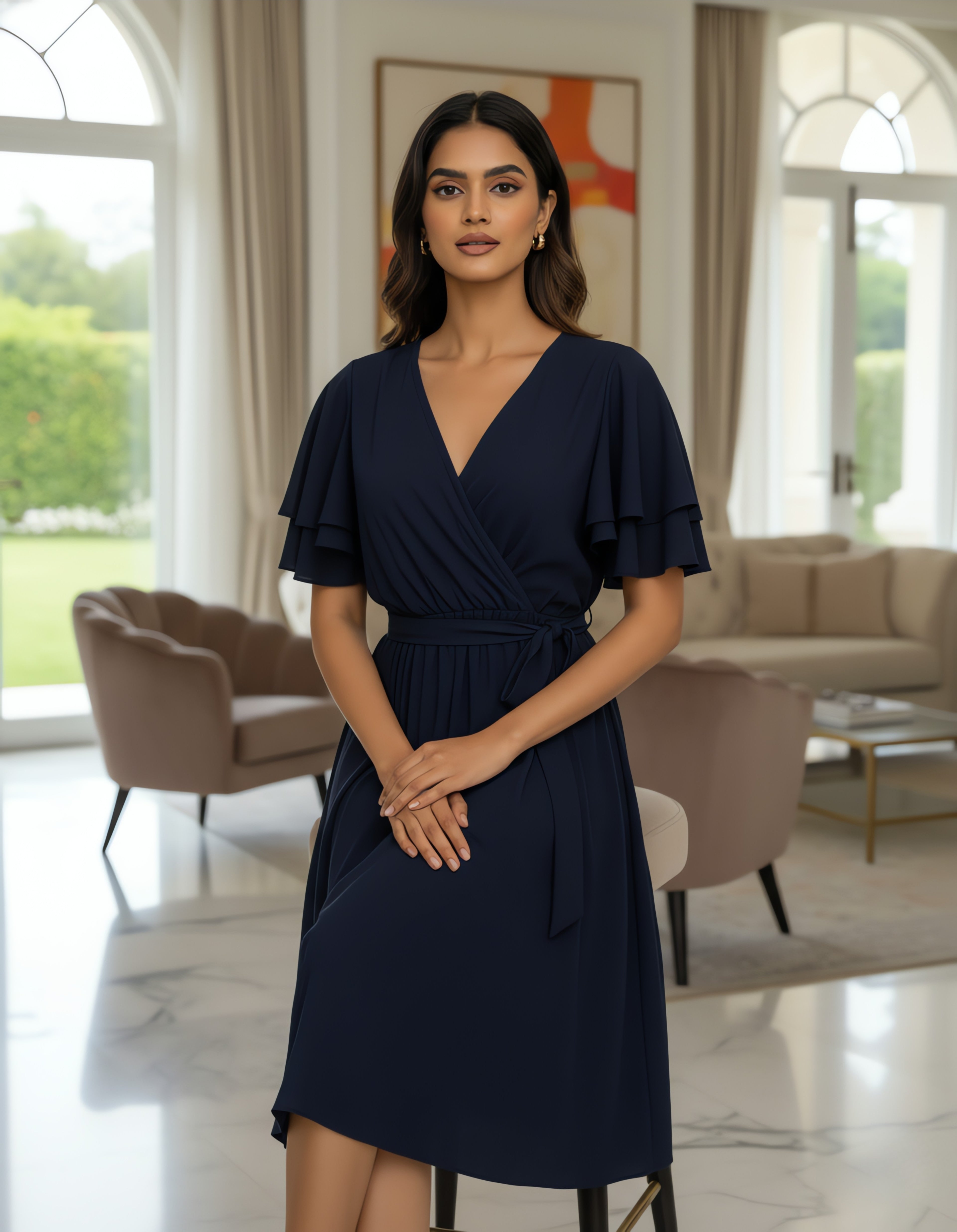 Viigobella Rayon Crepe Wrap Dress with Layered Ruffle Sleeves