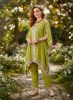 ViigoBella Rayon Mirror-Work Kaftan Kurti & Pant Set – Lime Green Festive Edition