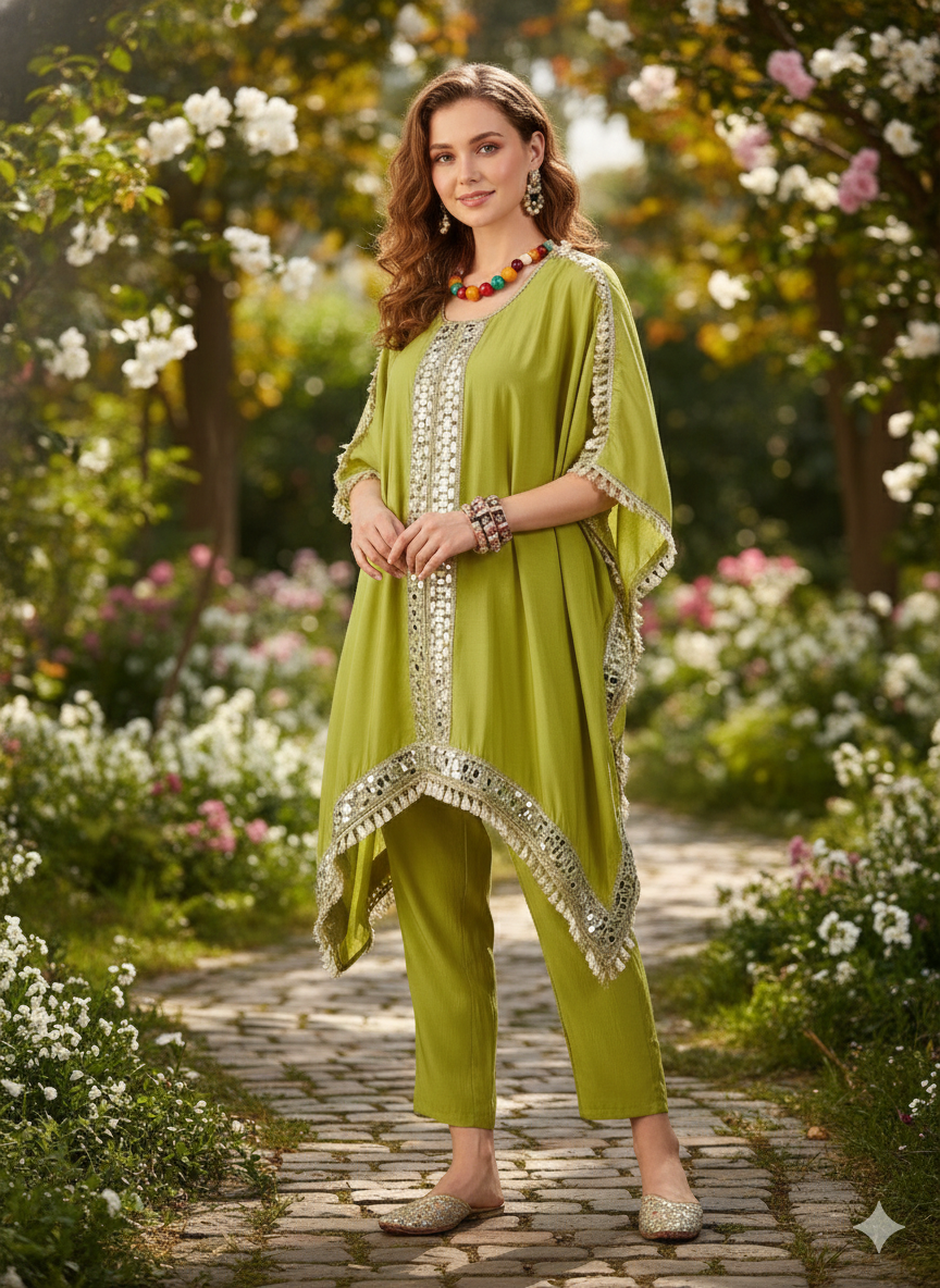 ViigoBella Rayon Mirror-Work Kaftan Kurti & Pant Set – Lime Green Festive Edition