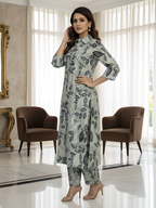 Blue Leaf Print Long Shirt Co-ord Set for Women