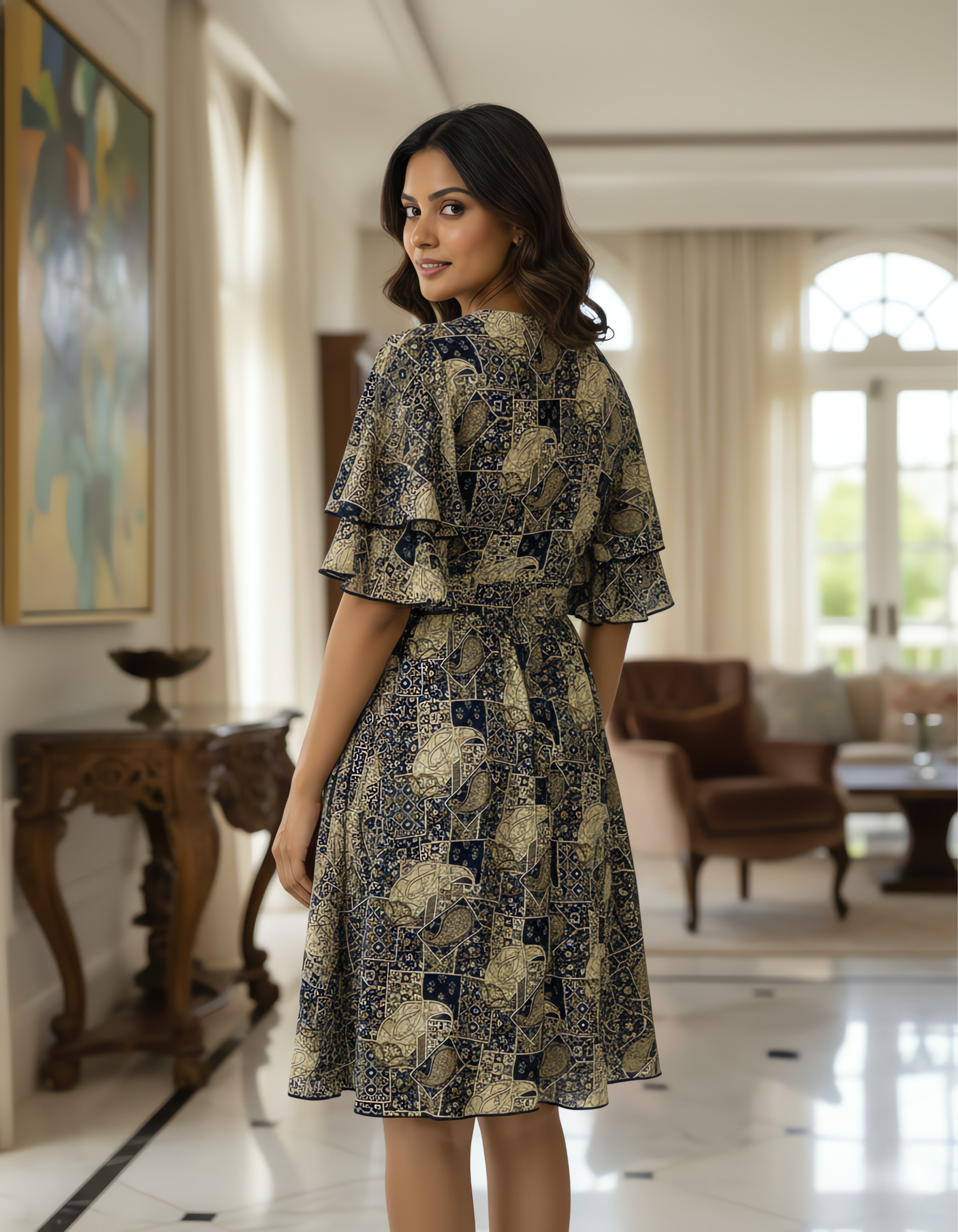 Viigobella  Rayon Crepe Printed Short Flared Dress with Ruffle Sleeves