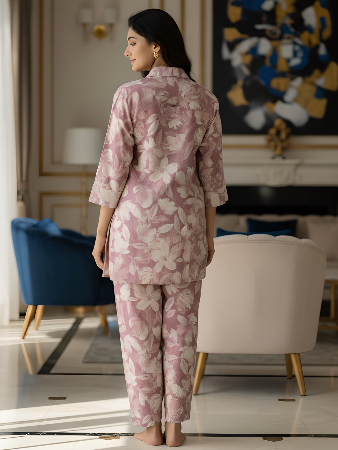 Pink Floral Printed Long Shirt Co-ord Set for Women