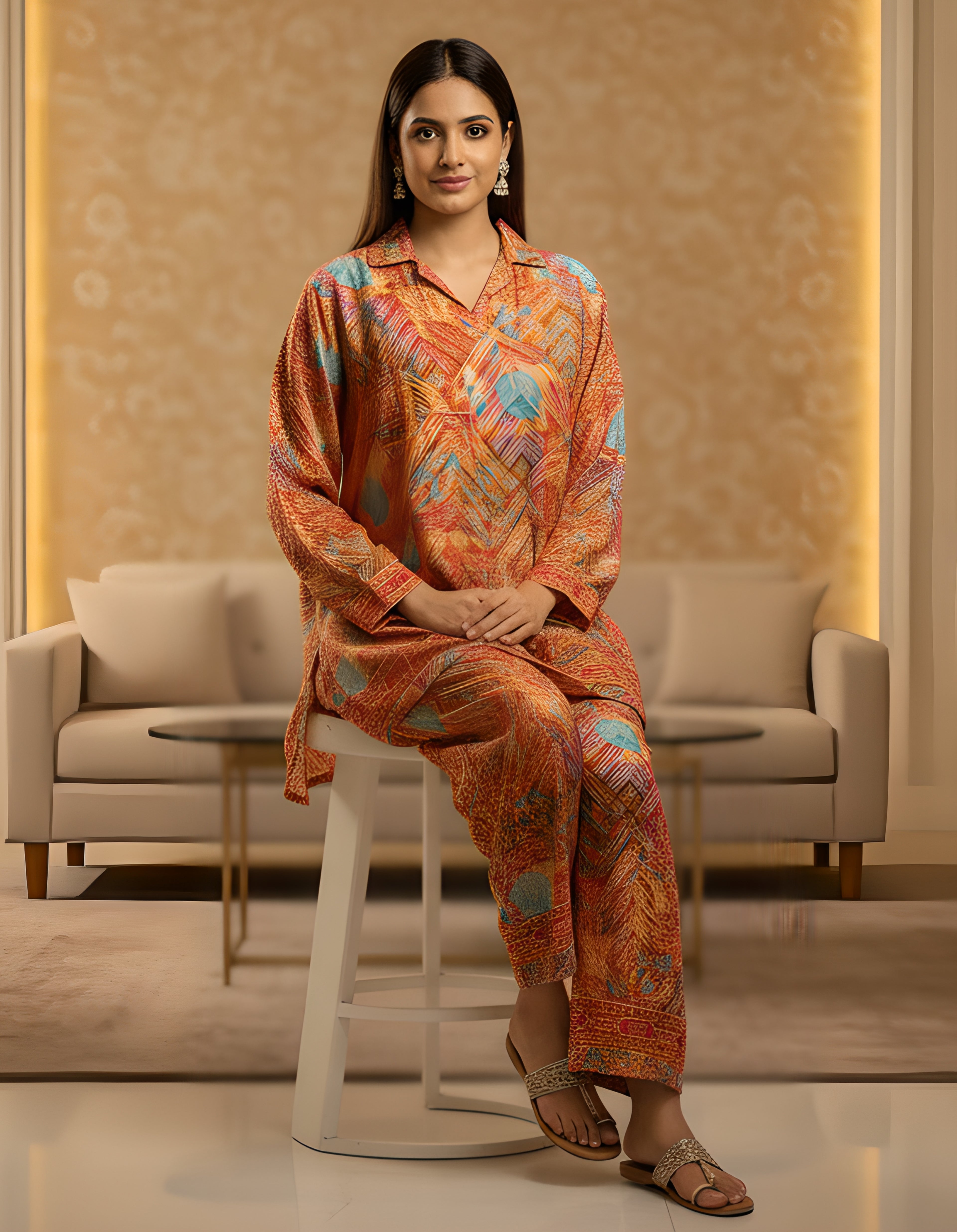 Rust Orange Printed Kasturi Silk Cord Set for Women