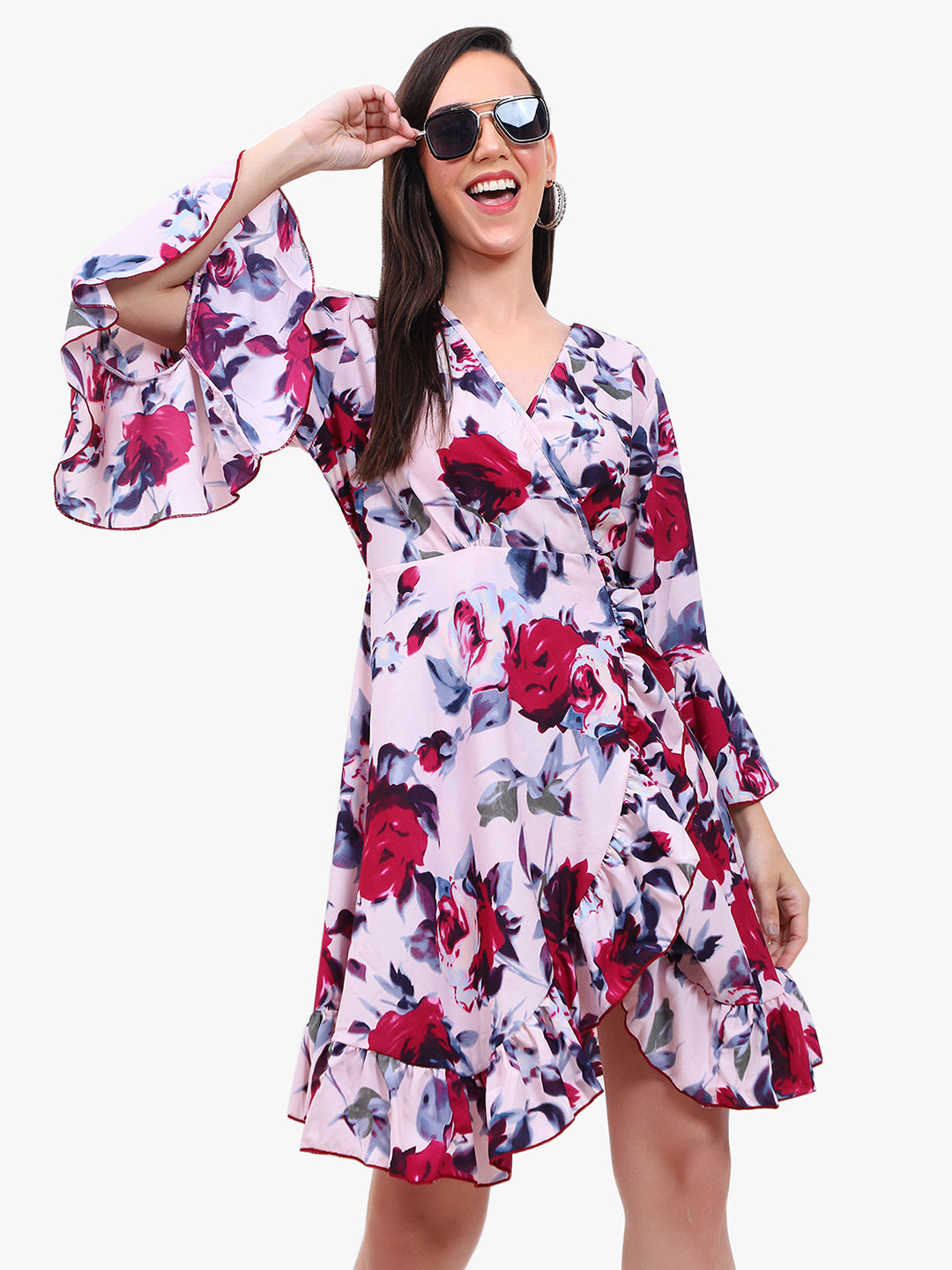 Women’s Printed Crepe Wrap Dress with Ruffle Hem – Export Quality