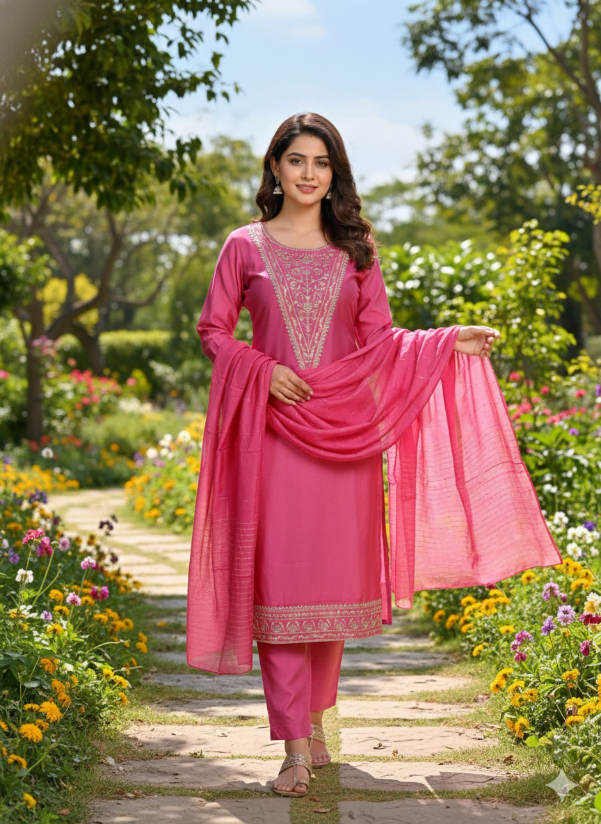 ViigoBella Roman Silk Embroidered Straight Suit with Dupatta – Pink Luxe Edition