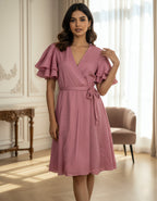 Viigobella Rose Pink Delta Fabric Wrap Dress with Layered Ruffle Sleeves