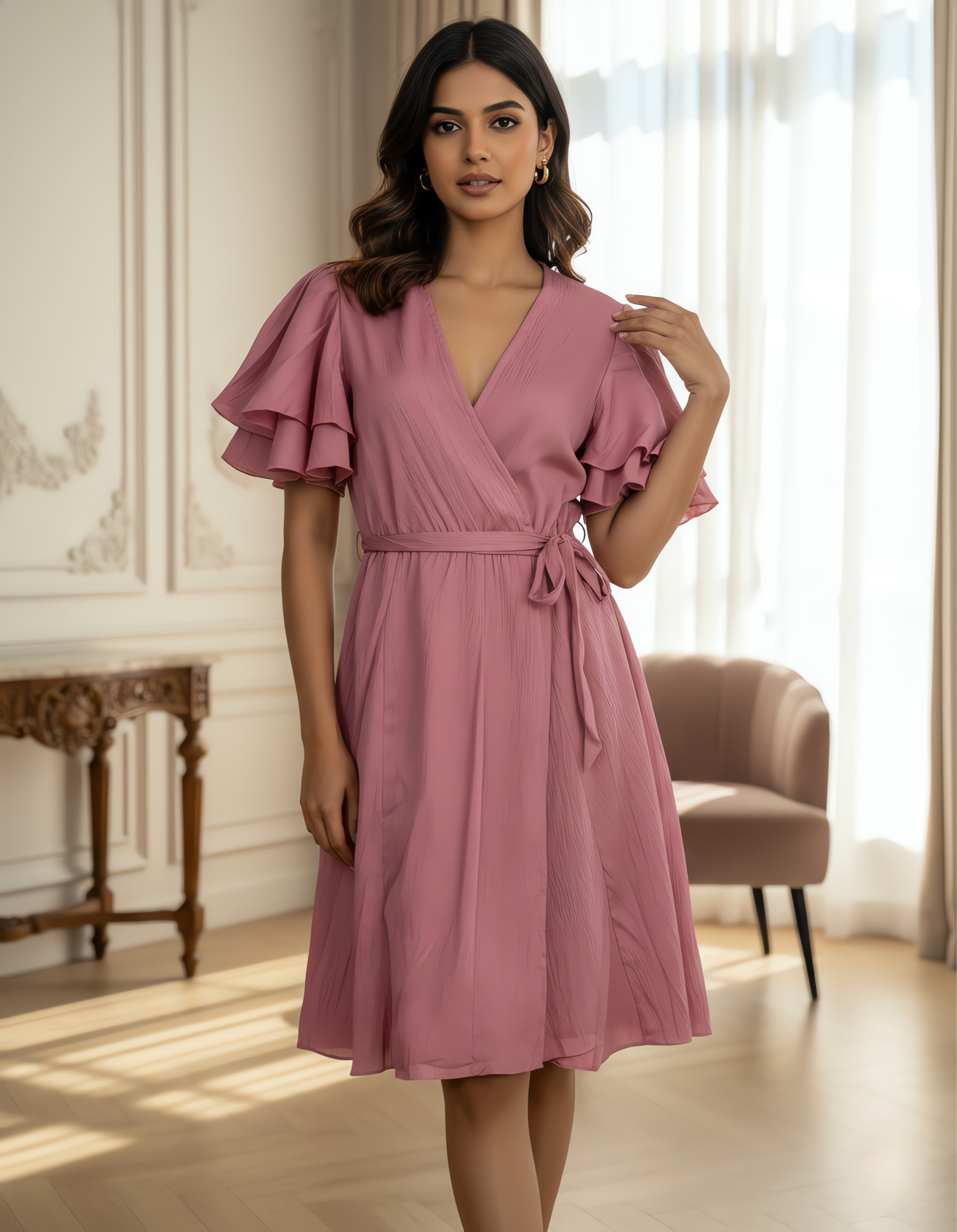 Viigobella Rose Pink Delta Fabric Wrap Dress with Layered Ruffle Sleeves