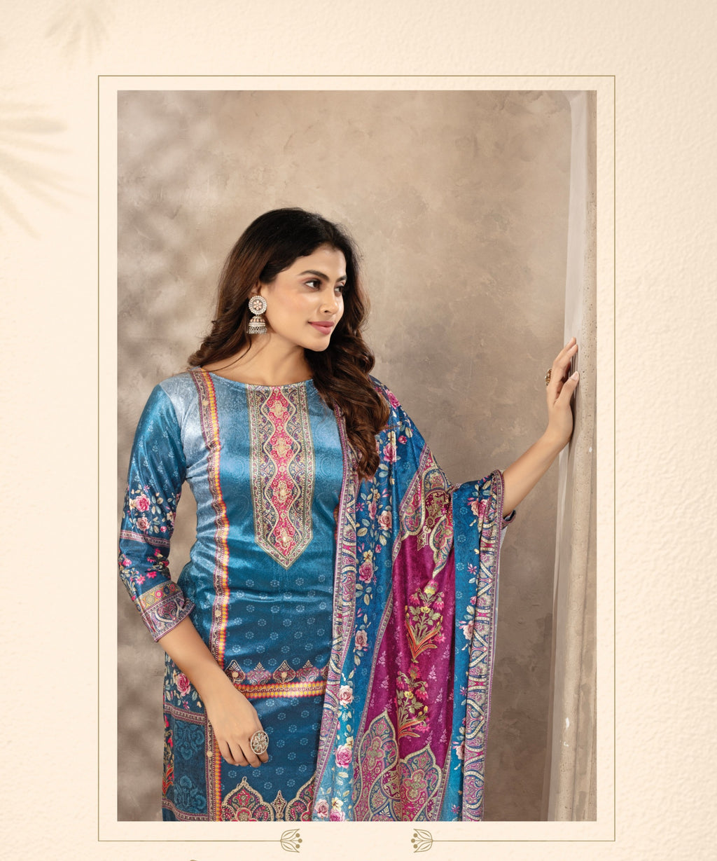 ViigoBella Premium Velvet Printed Straight Suit with Dupatta – Royal Blue Heritage Edition