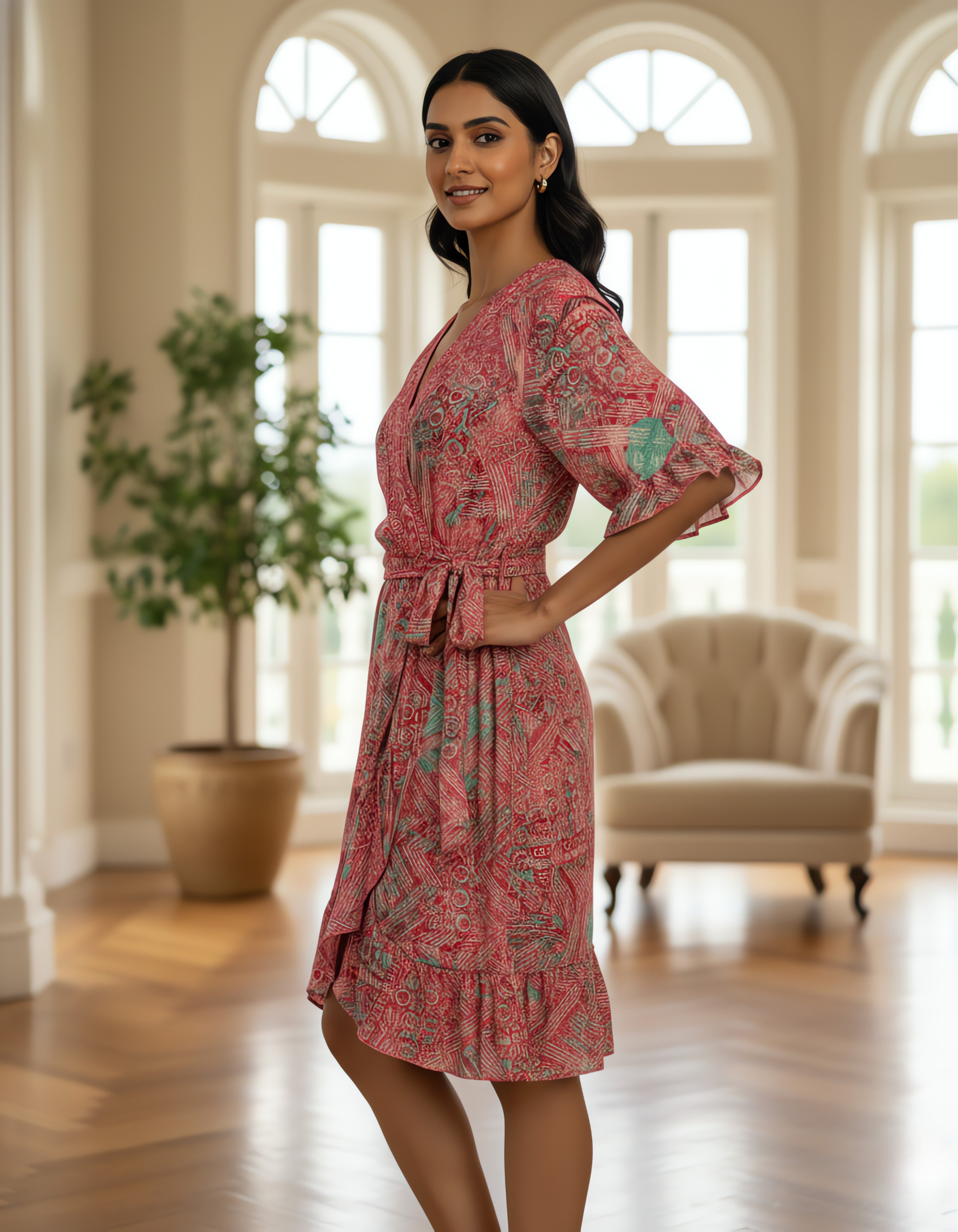 Viigobella Printed Kasturi Silk Wrap Dress with Ruffle Hem