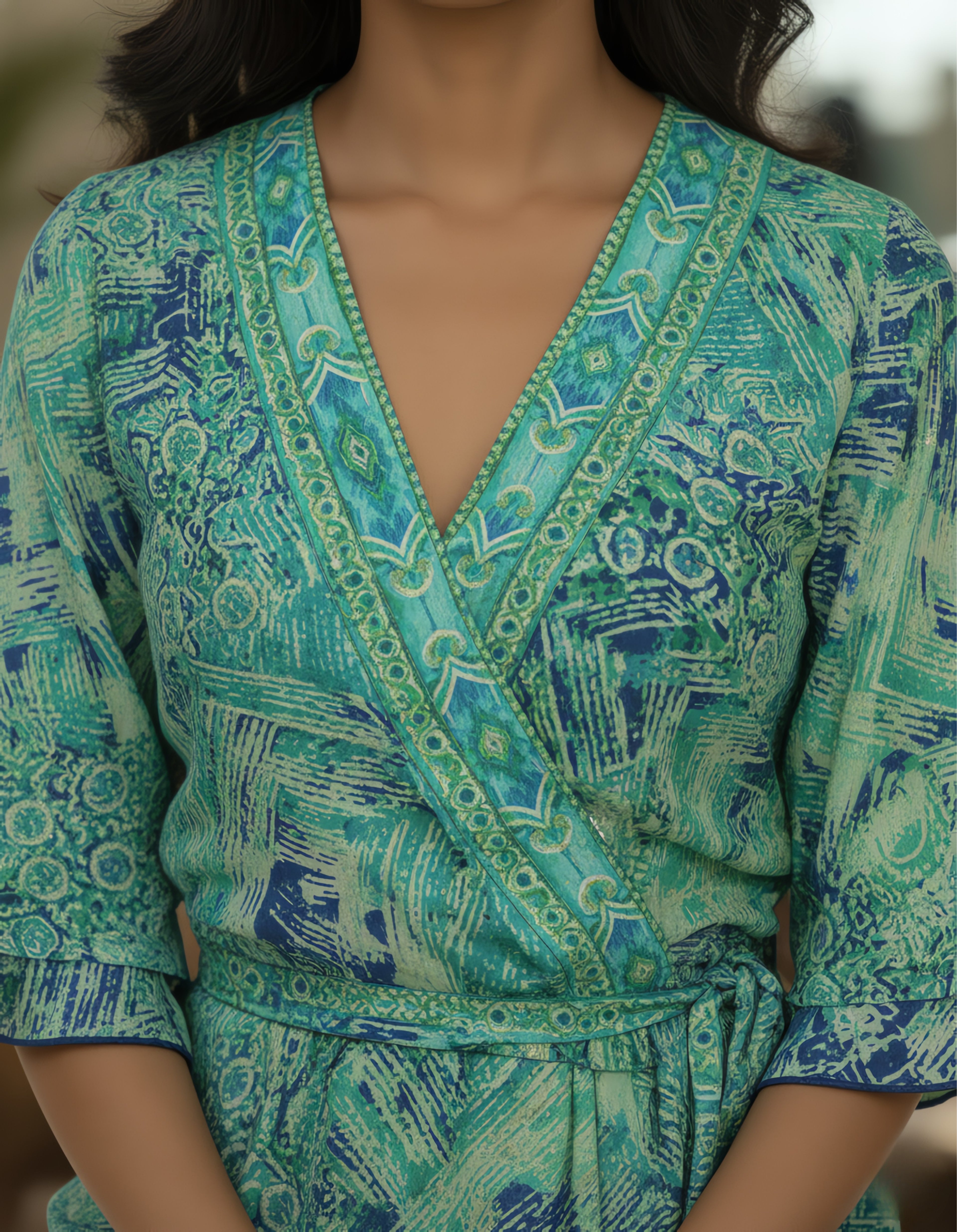 Viigobella Green Abstract Printed Kasturi Silk Wrap Dress