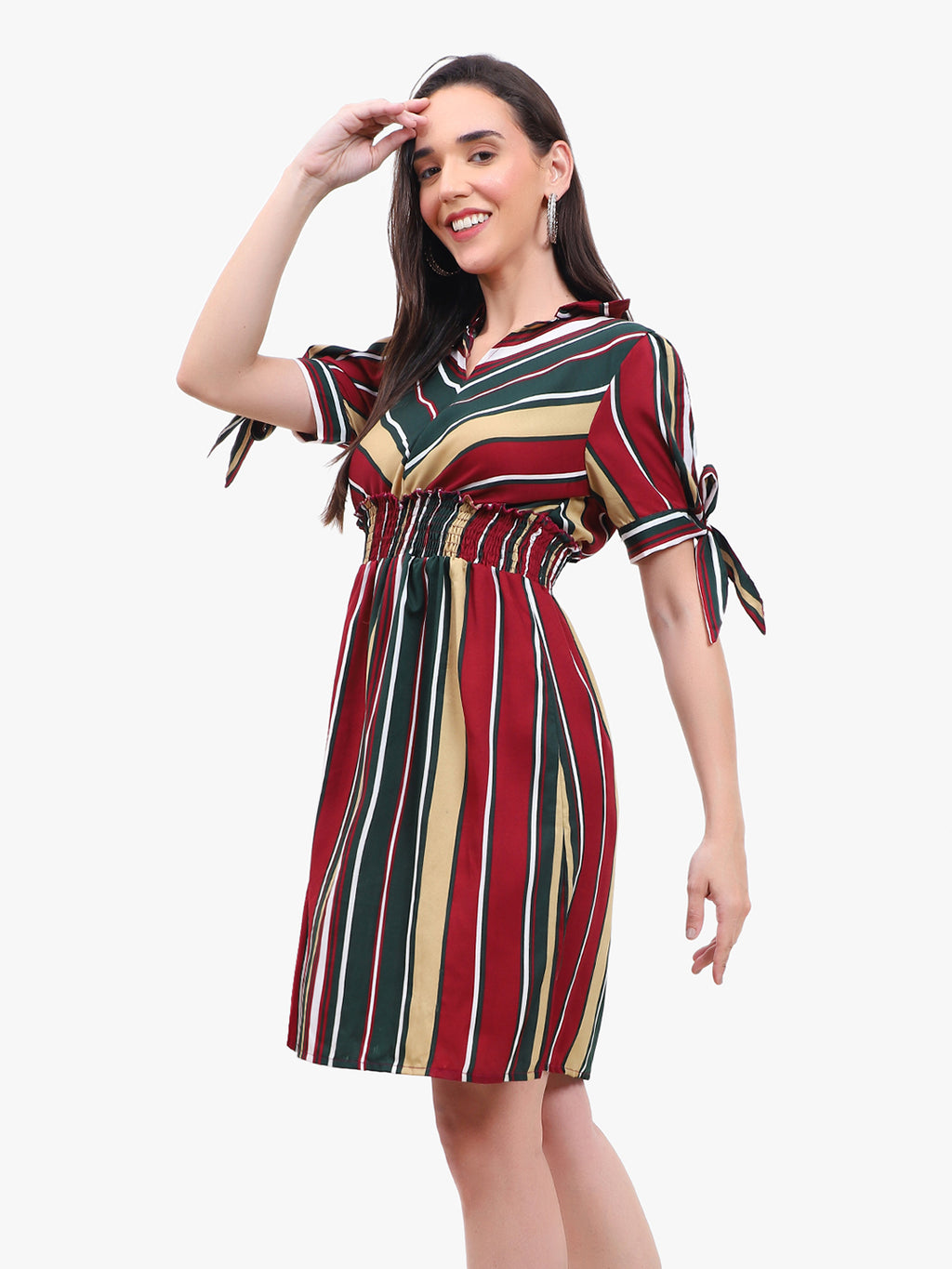 Viigobella Women’s Striped Crepe Dress with Smocked Waist – Export Quality