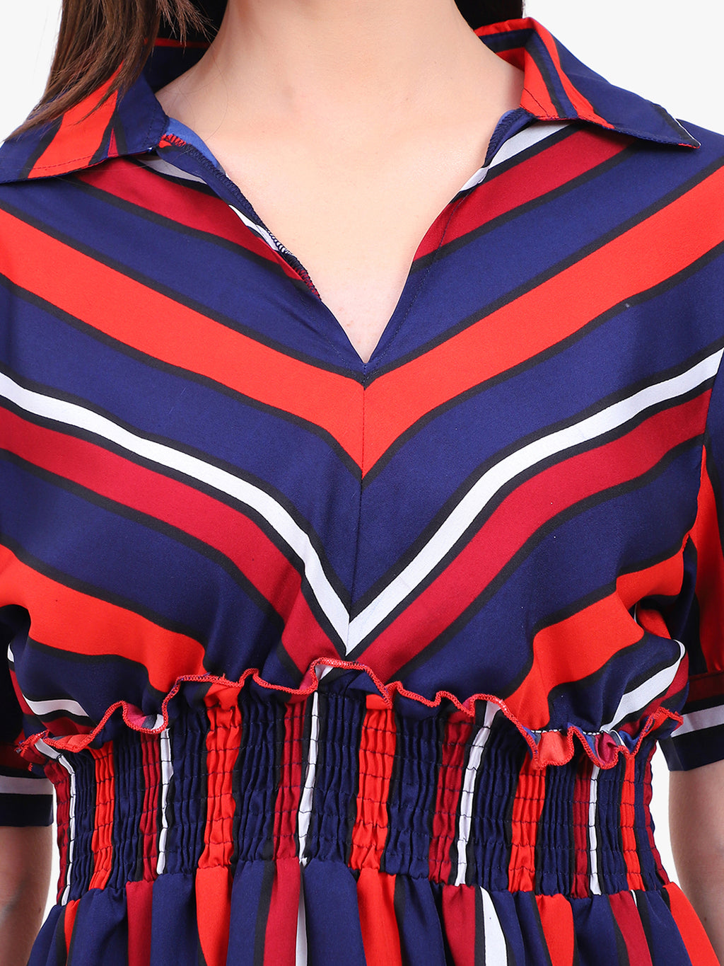 Women’s Striped Crepe Short Dress with Smocked Waist – Export Quality