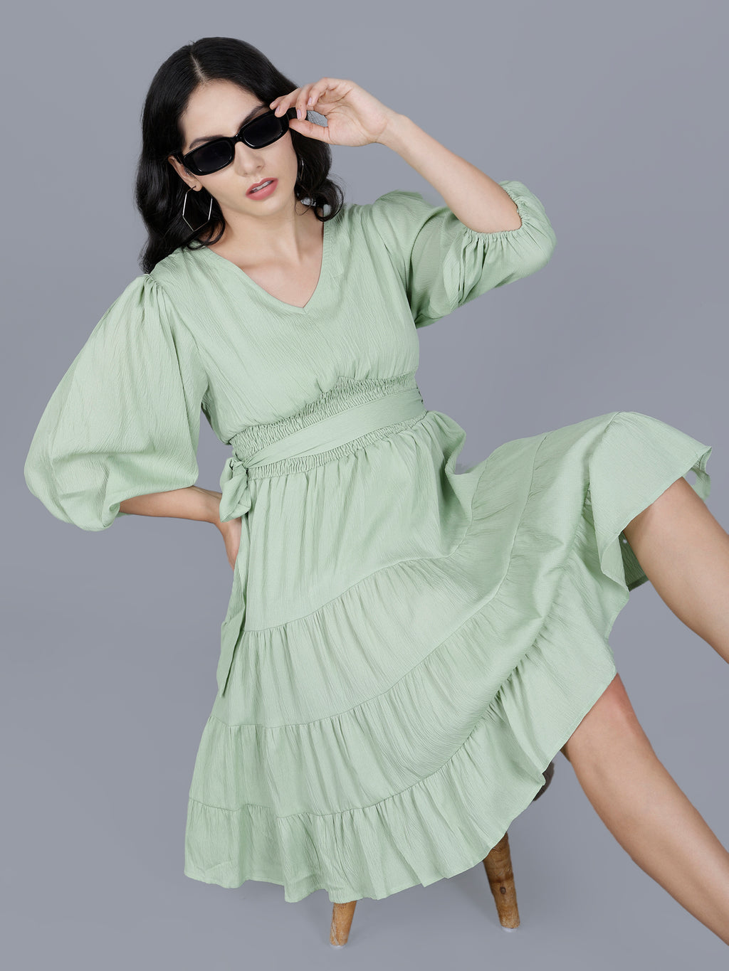 Viigobella Women’s Delta Fabric Tiered Short Dress with Smocked Waist & Puff Sleeves – Export Quality