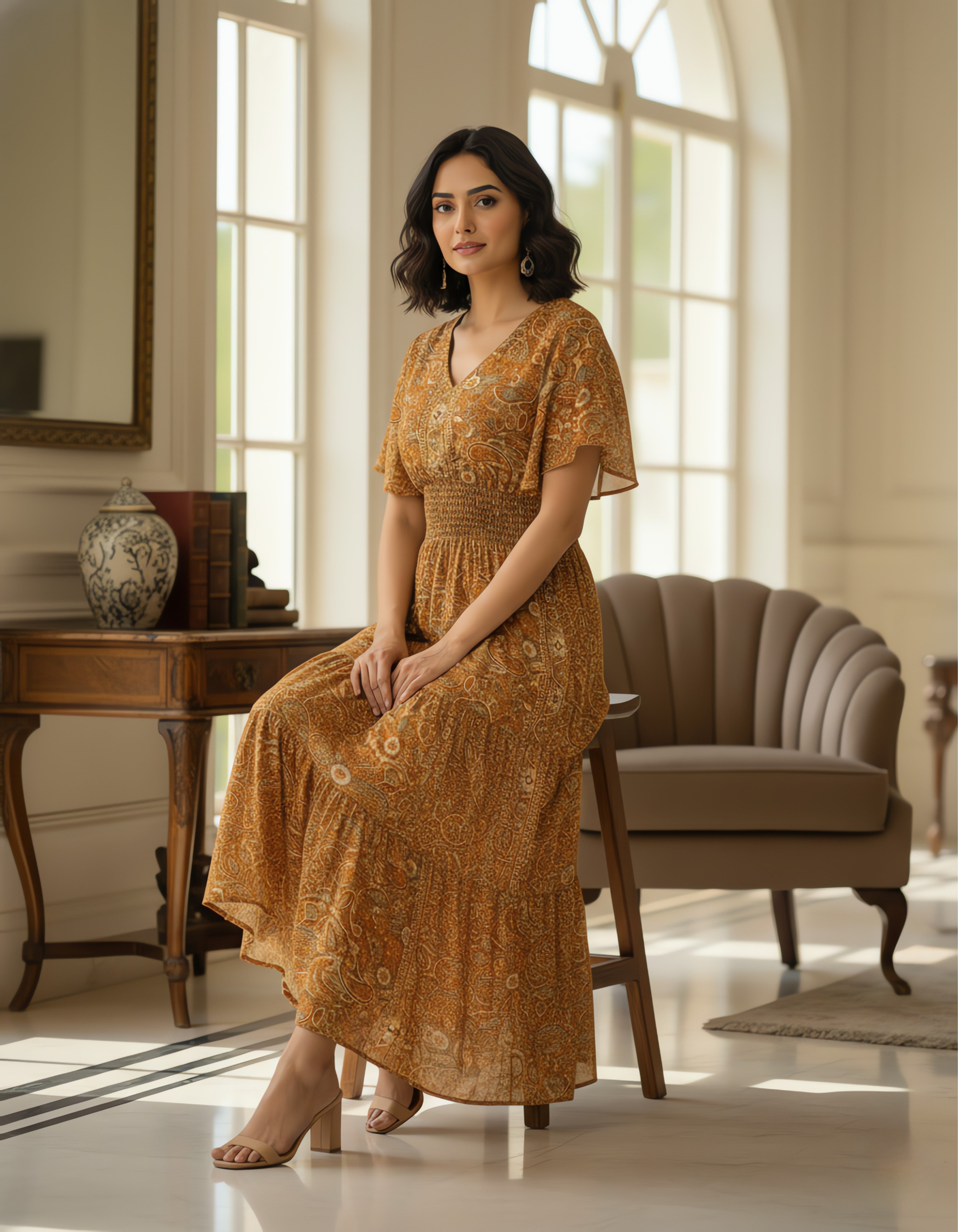 Viigobella Kasturi Silk Mustard Paisley Printed Smocked Waist Maxi Dress