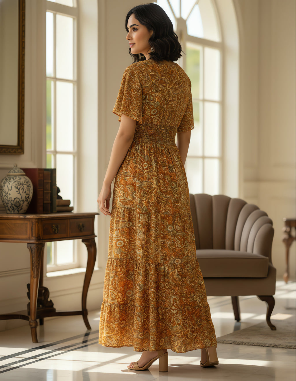 Viigobella Kasturi Silk Mustard Paisley Printed Smocked Waist Maxi Dress