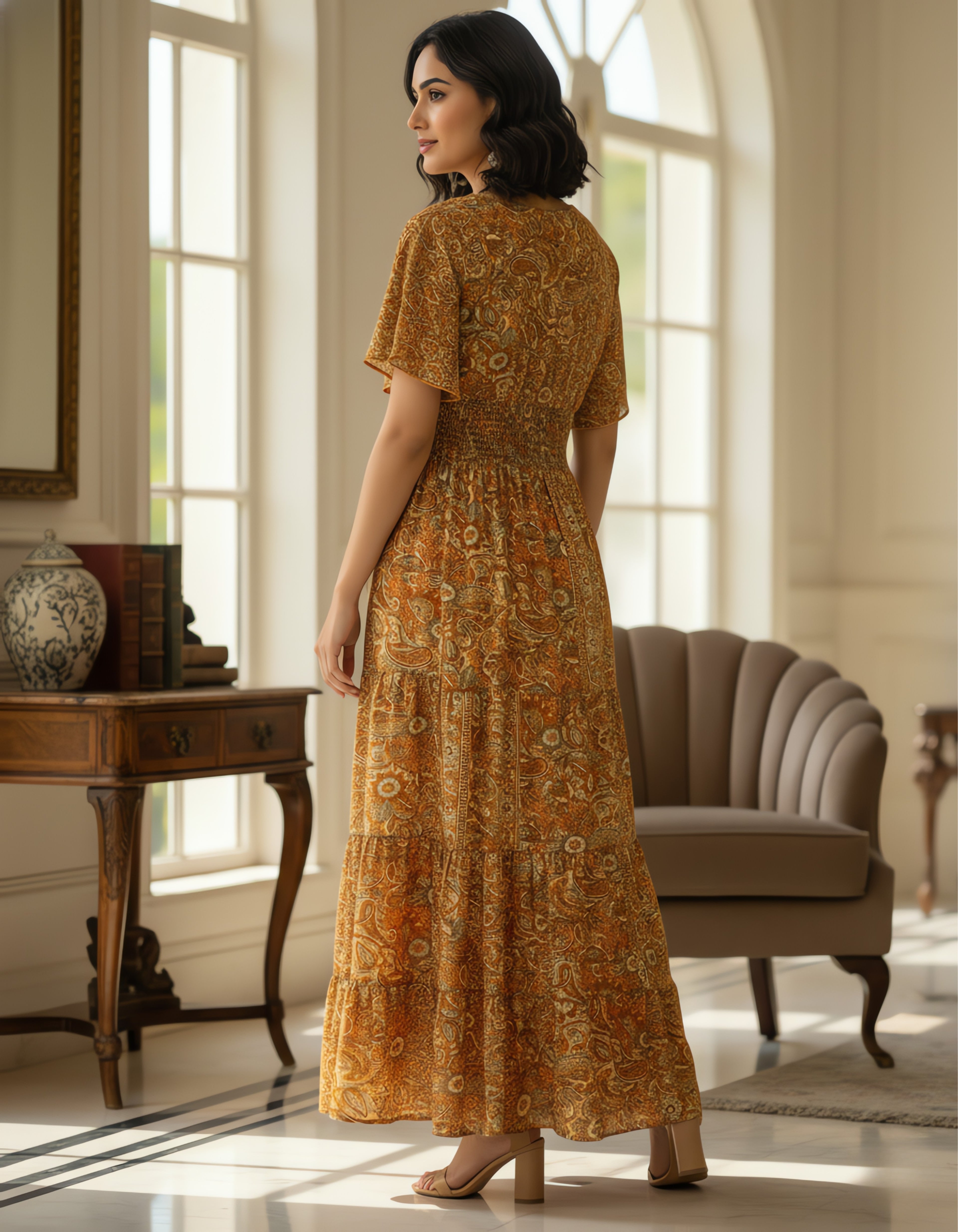 Viigobella Kasturi Silk Mustard Paisley Printed Smocked Waist Maxi Dress