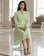 Elegant Solid Georgette Midi Dress with Belt & Full Sleeves