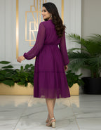 Premium Solid Georgette Midi Dress with Belt & Full Sleeves