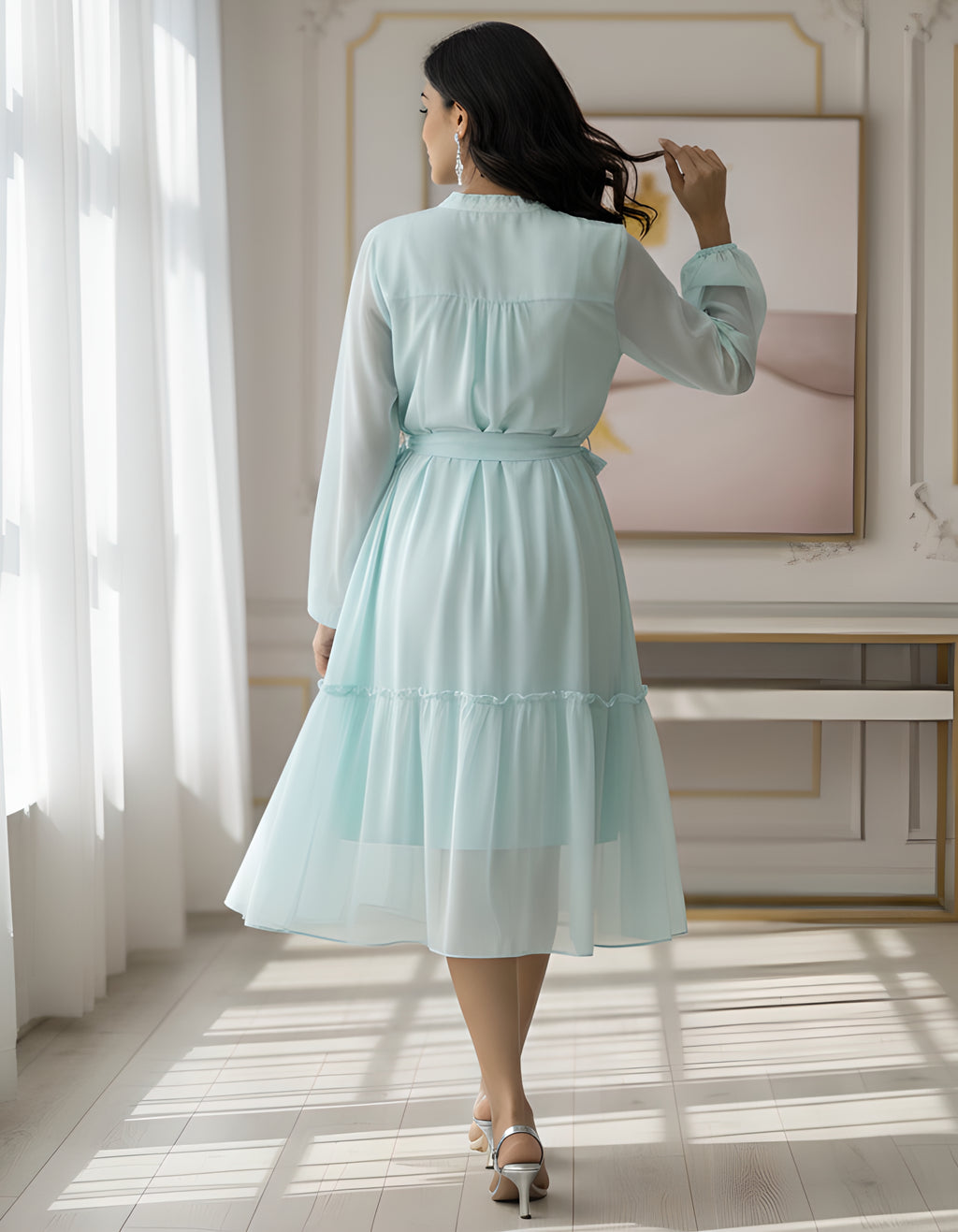 Elegant Solid Georgette Midi Dress with Belt & Full Sleeves